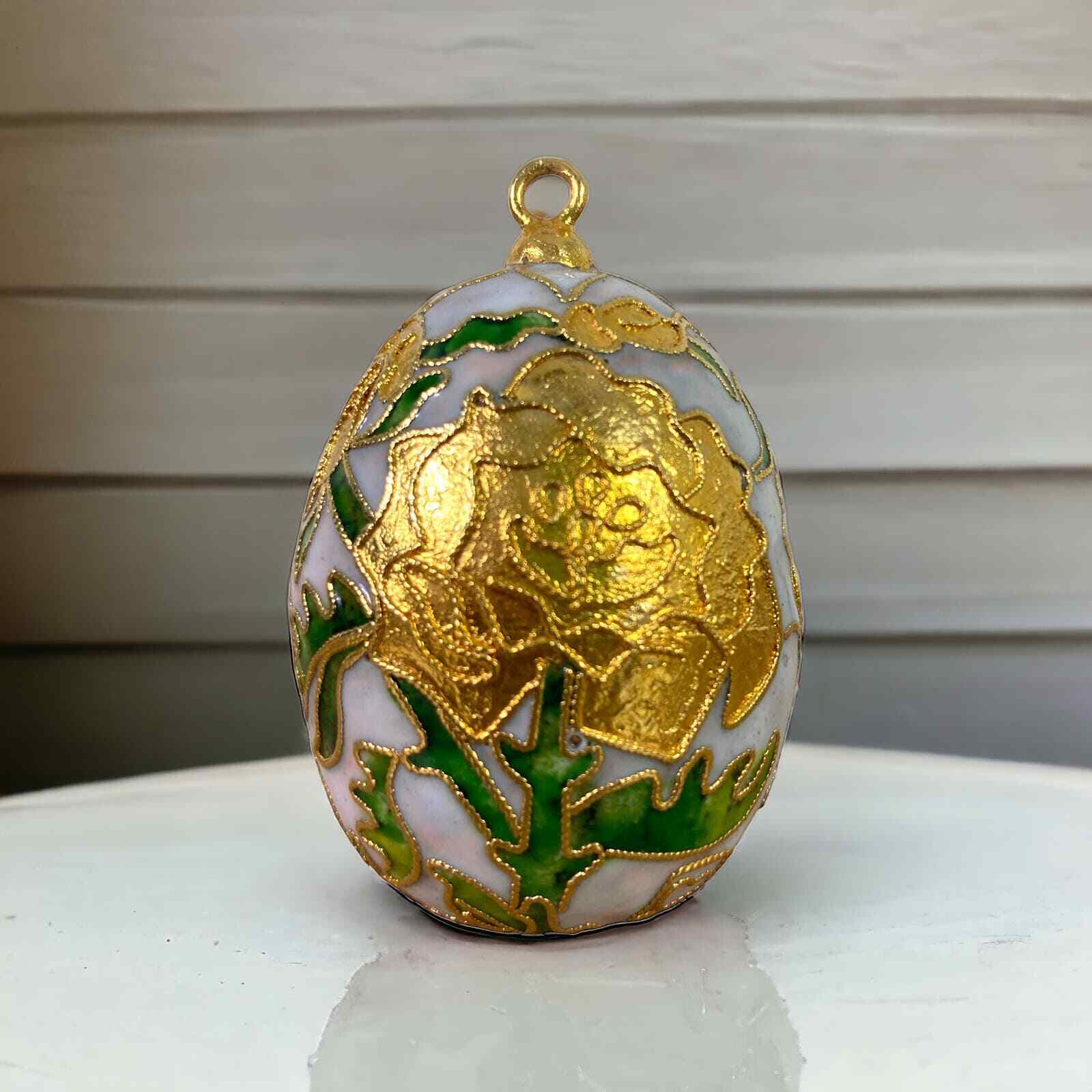 Christmas Egg Ornament Cloisonne Vintage Cloisonné Gold Hand Painted Holiday