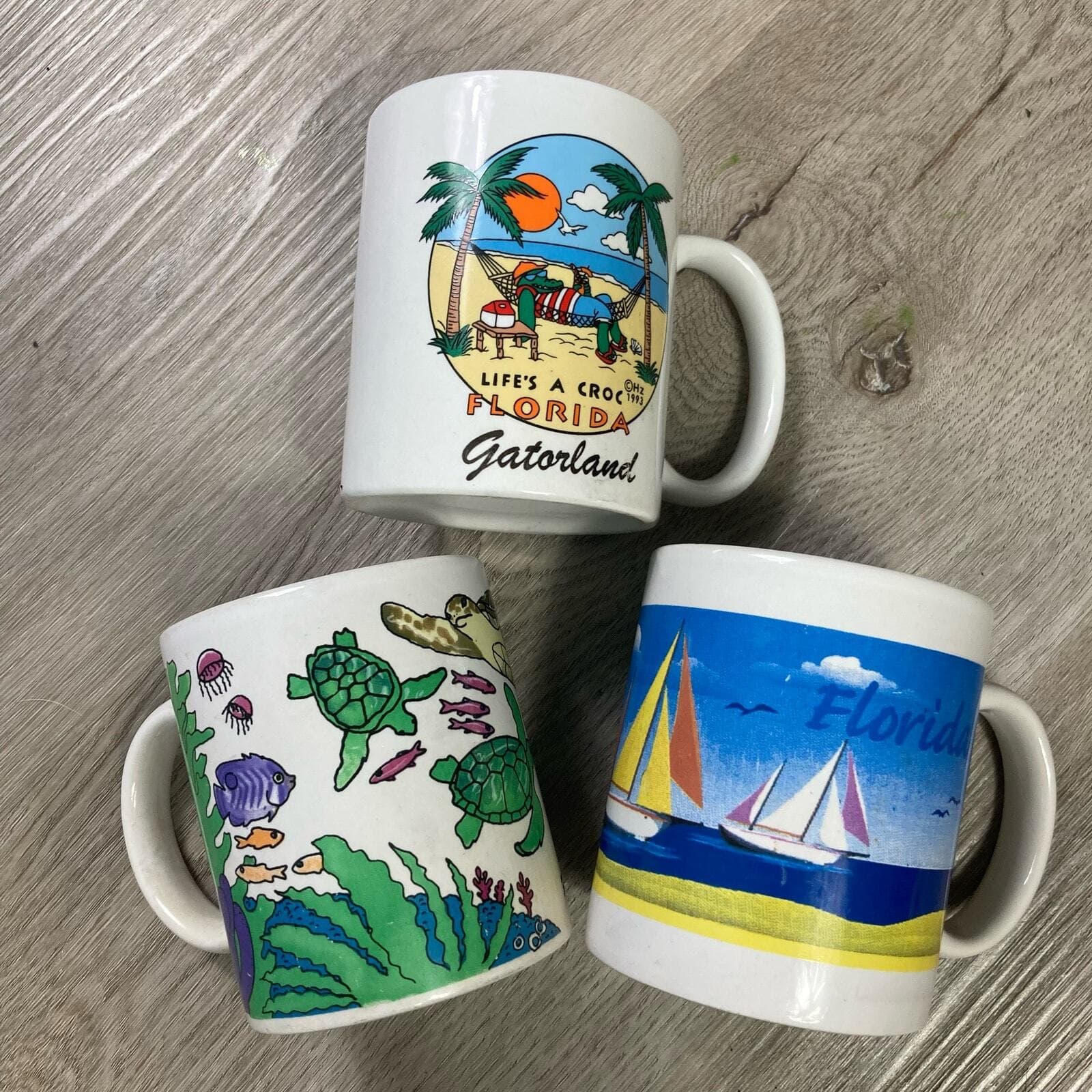 Set of 3 Vintage Florida Souvenir Coffee Tea Mugs Croc, Turtles, Sailboats 90s