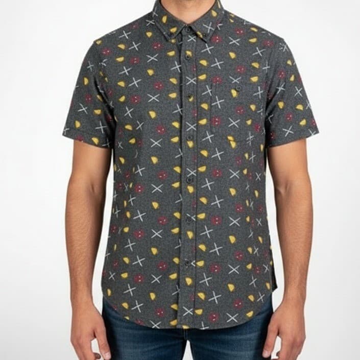 Marvel Deadpool Mens Large Short Sleeve Button Down Shirt Charcoal Grey Tacos