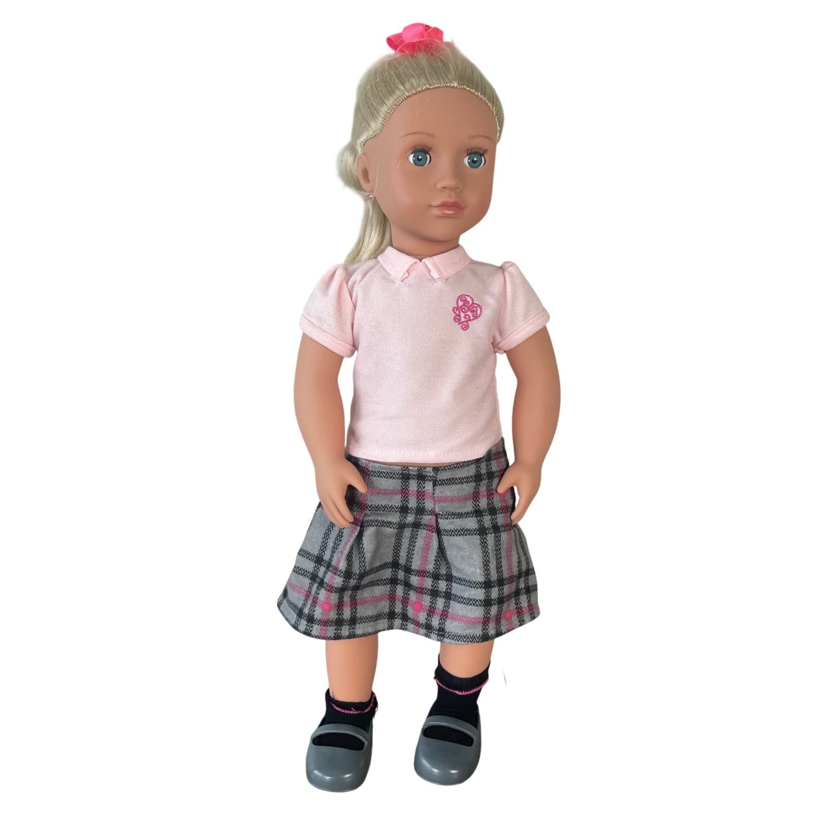 Our Generation Hally 18 inch School Doll Blonde Hair Blue Eyes Pink Polo Outfit