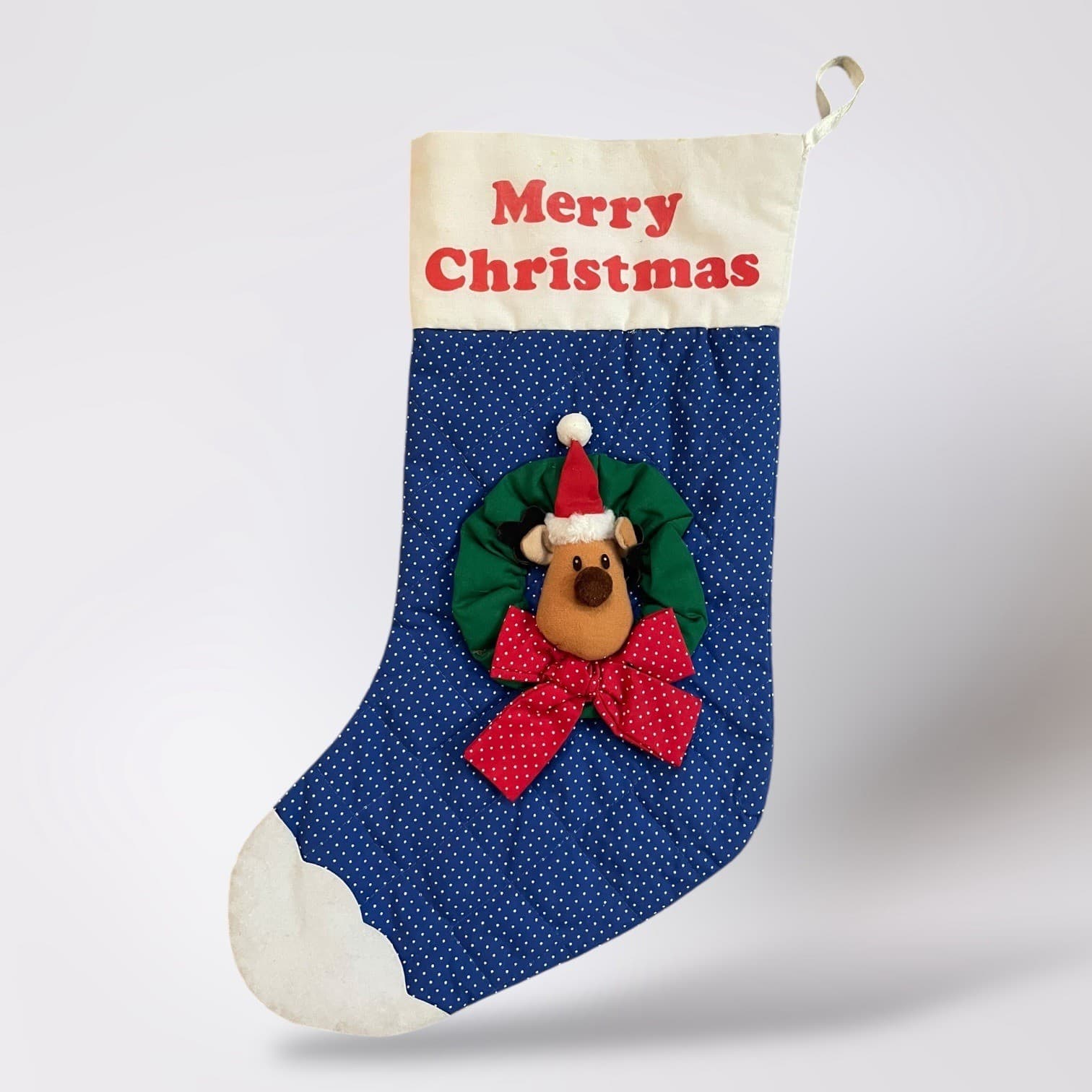 Russ Christmas Stocking Blue Polka Dot Reindeer Wreath Merry Christmas Holiday