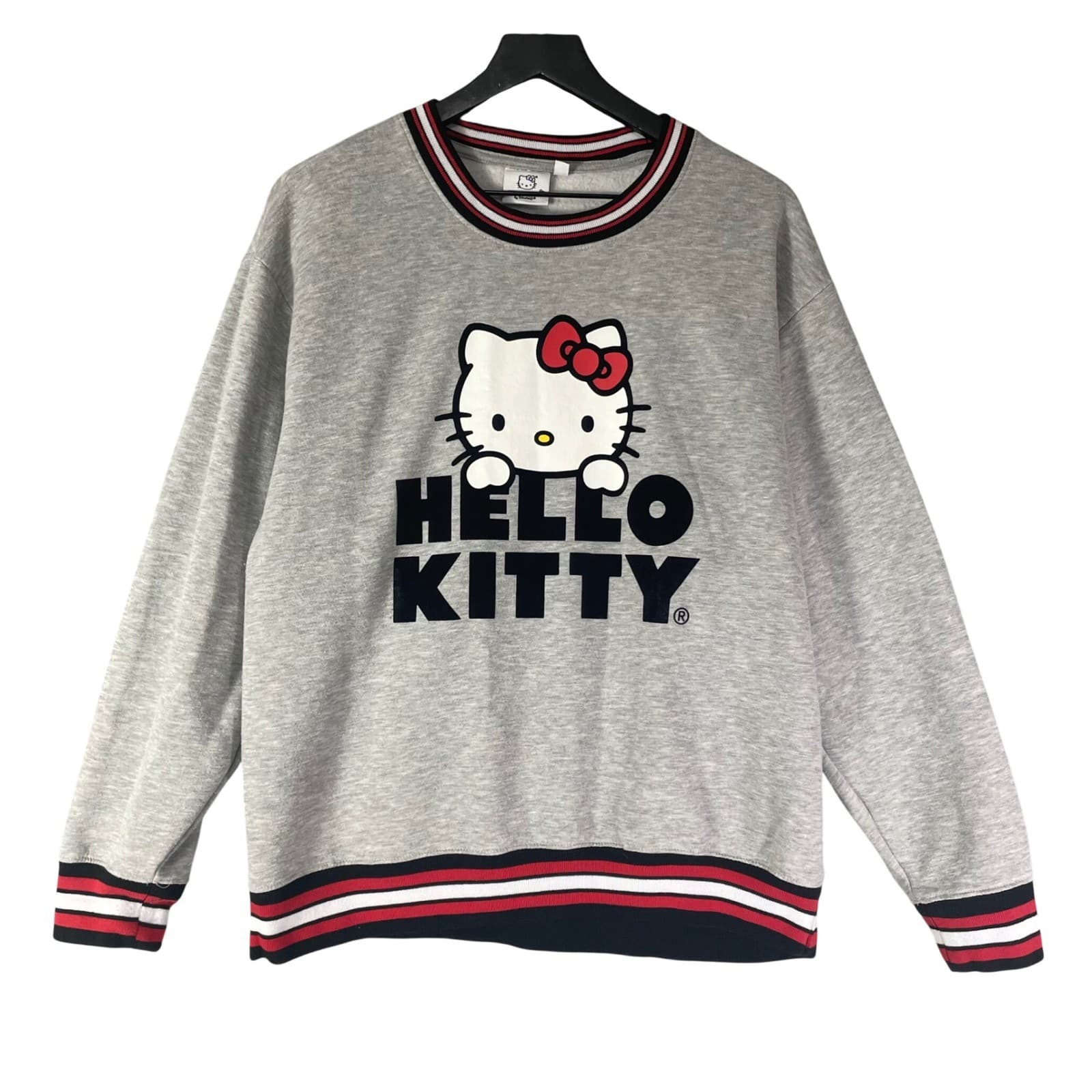 Hello Kitty Sanrio Gray Graphic Sweatshirt XL Striped Trim Heather Fleece