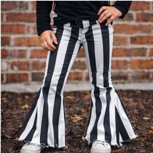 Girls Striped Bell Bottom Pants 10 12 Black White Flare Retro Costume Halloween