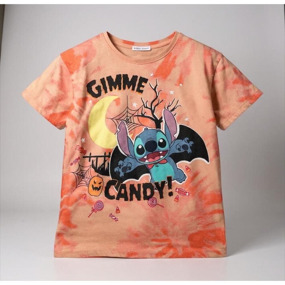 Disney Stitch Halloween Graphic T-Shirt Kids L Gimme Candy Bat Pumpkin Tie Dye