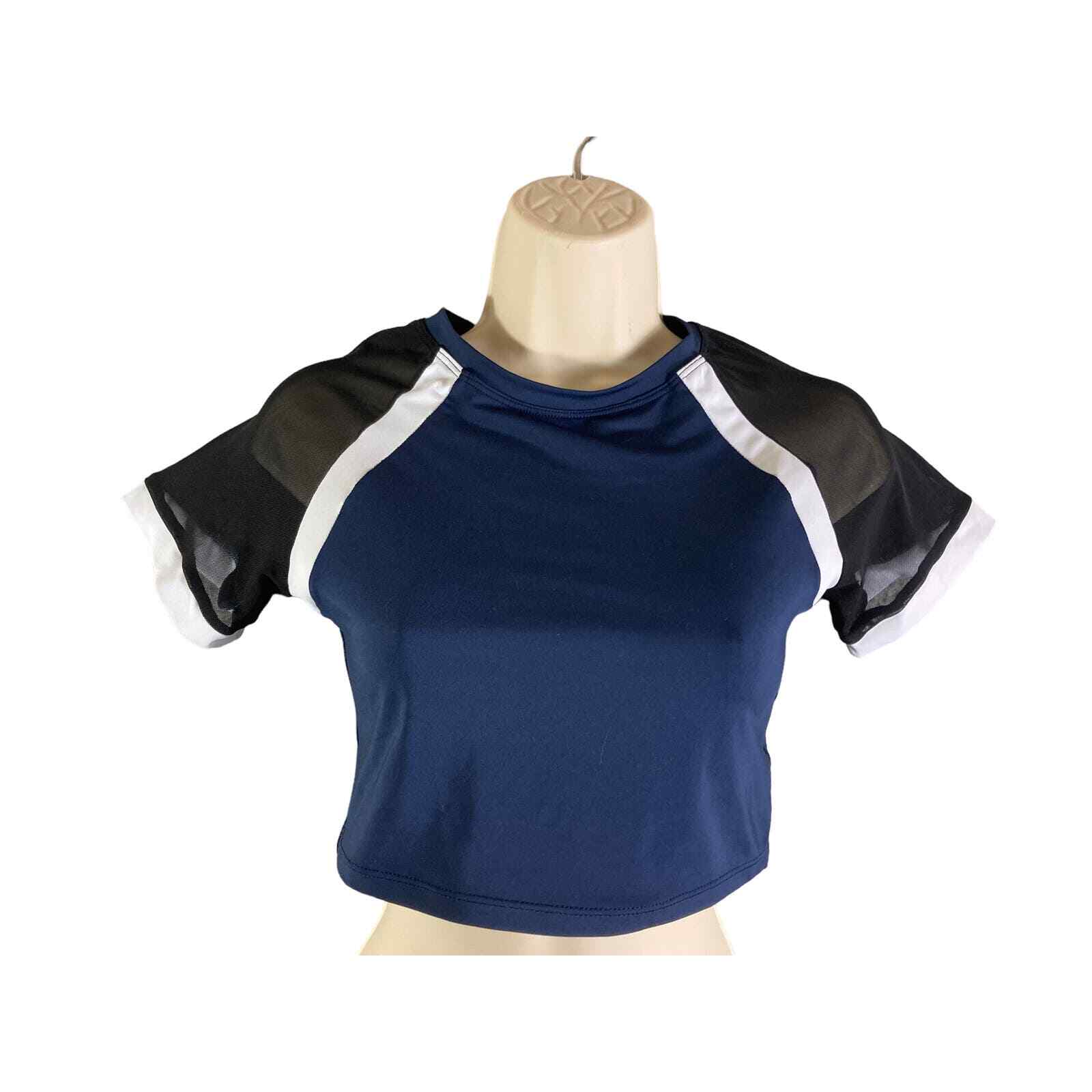 Women’s Mesh Crop Top Blue Black Sheer Short Sleeve Party Clubwear Stretch M