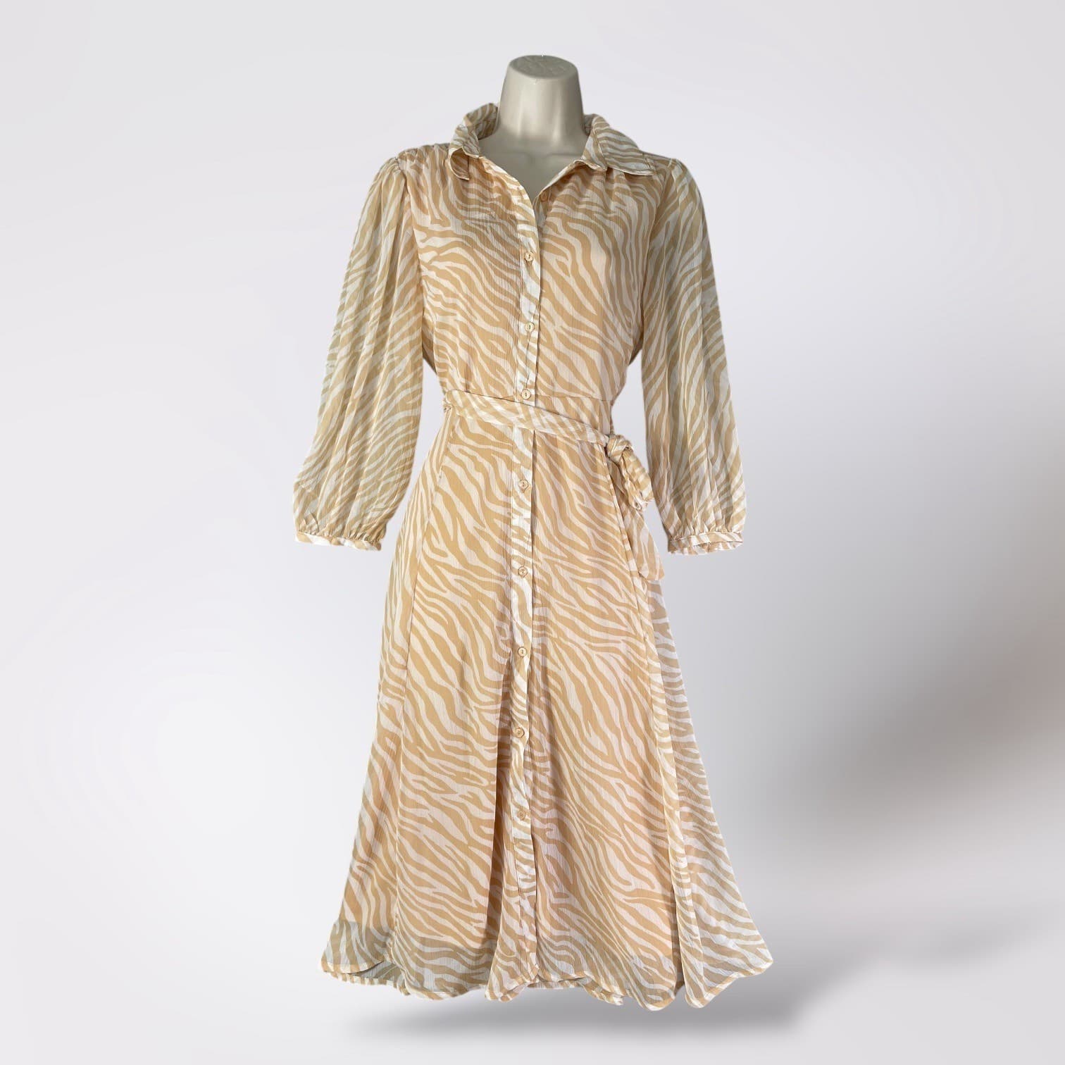 Zebra Print Midi Shirt Dress Belted Button Front Animal Print Beige Women’s S Ha