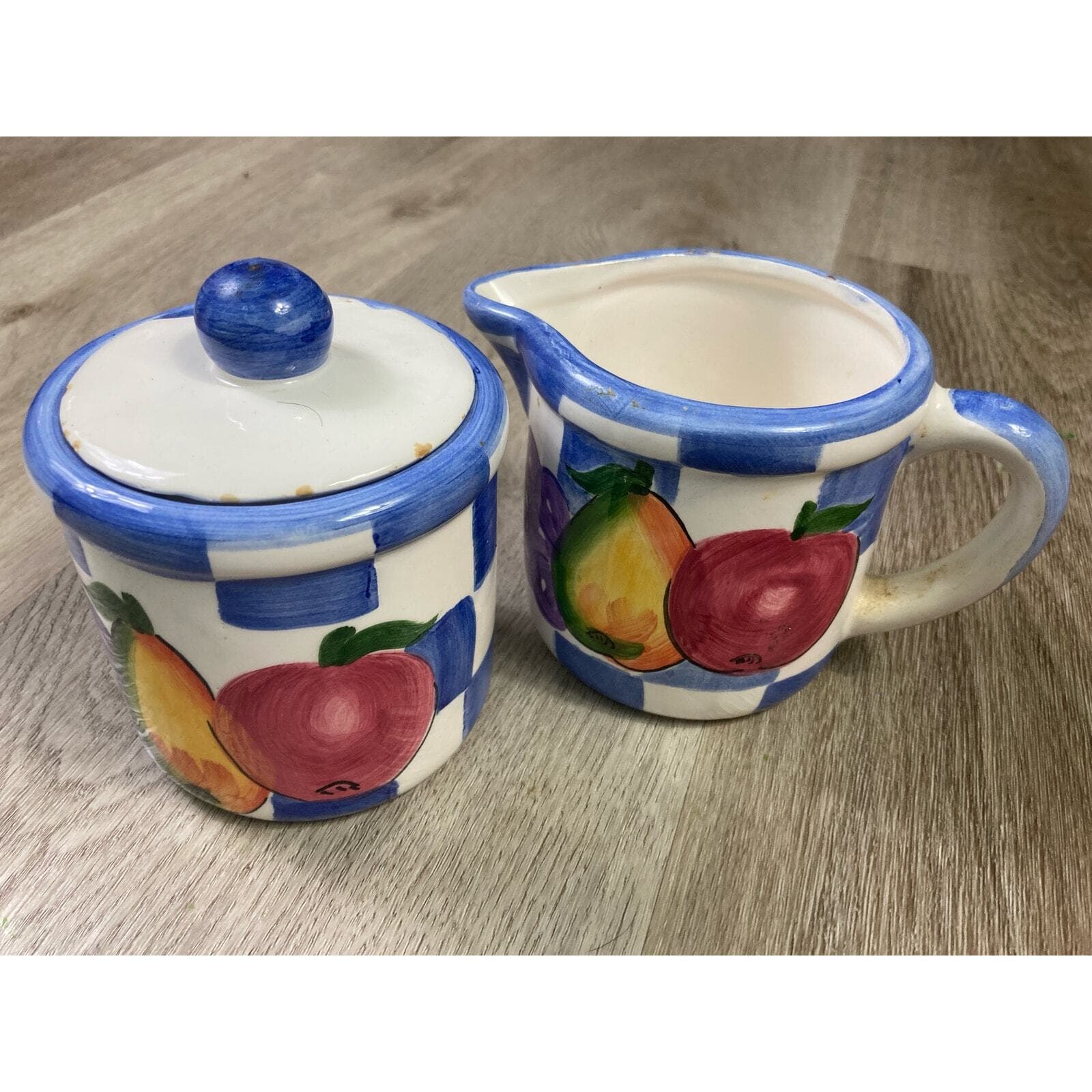 Vintage Hand-Painted Ceramic Cream & Sugar Set Fruit Design Multicolor
