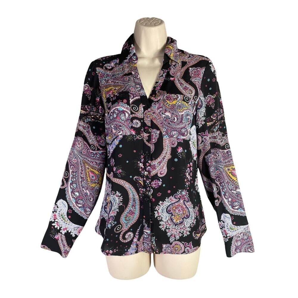 Women’s Express Paisley Multicolor Button Down Blouse XS Black Boho Long Sleeve - Image 1