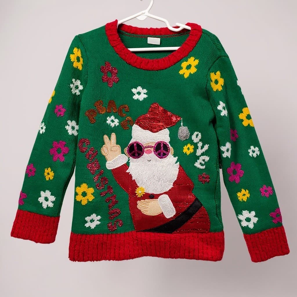 Holiday Time Kids Green Ugly Christmas Sweater Peace Love Santa Girls Size 6/6X - Image 1