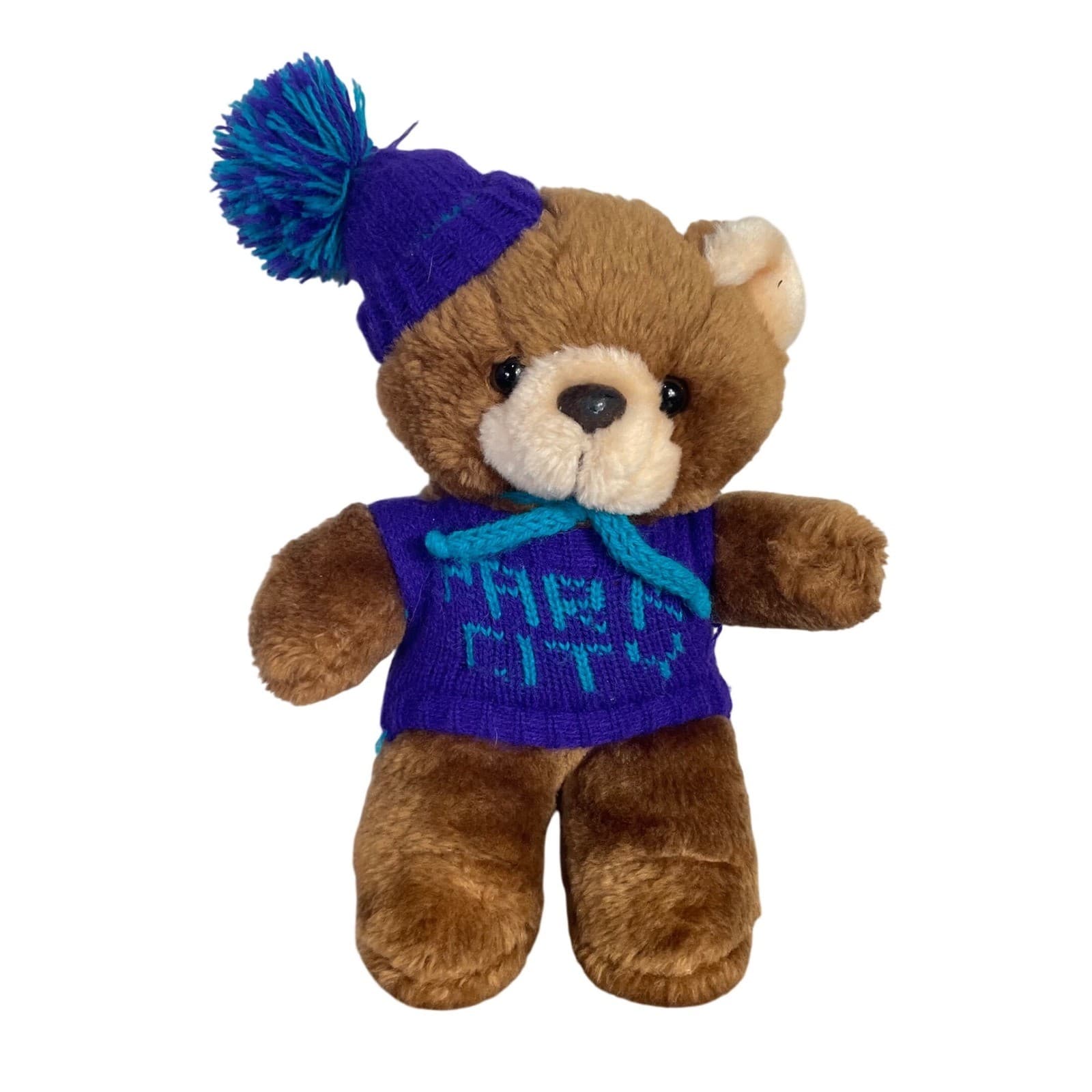 Vintage 1991 Acme Park City Utah Teddy Bear Plush Purple Sweater Beanie 90s - Image 1