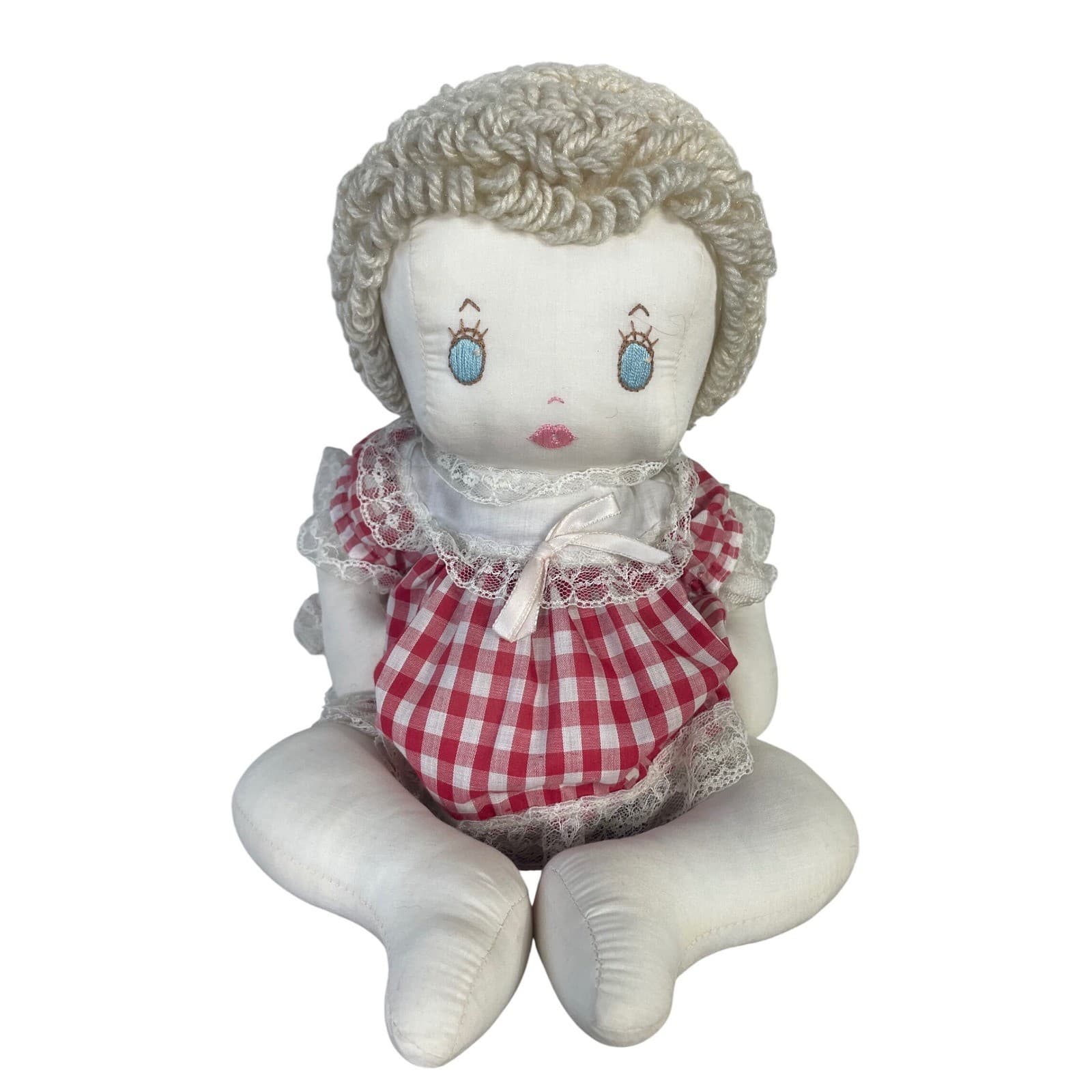 Vintage Handmade Cloth Doll Blonde Yarn Hair Red Gingham Dress Folk Art 16 In