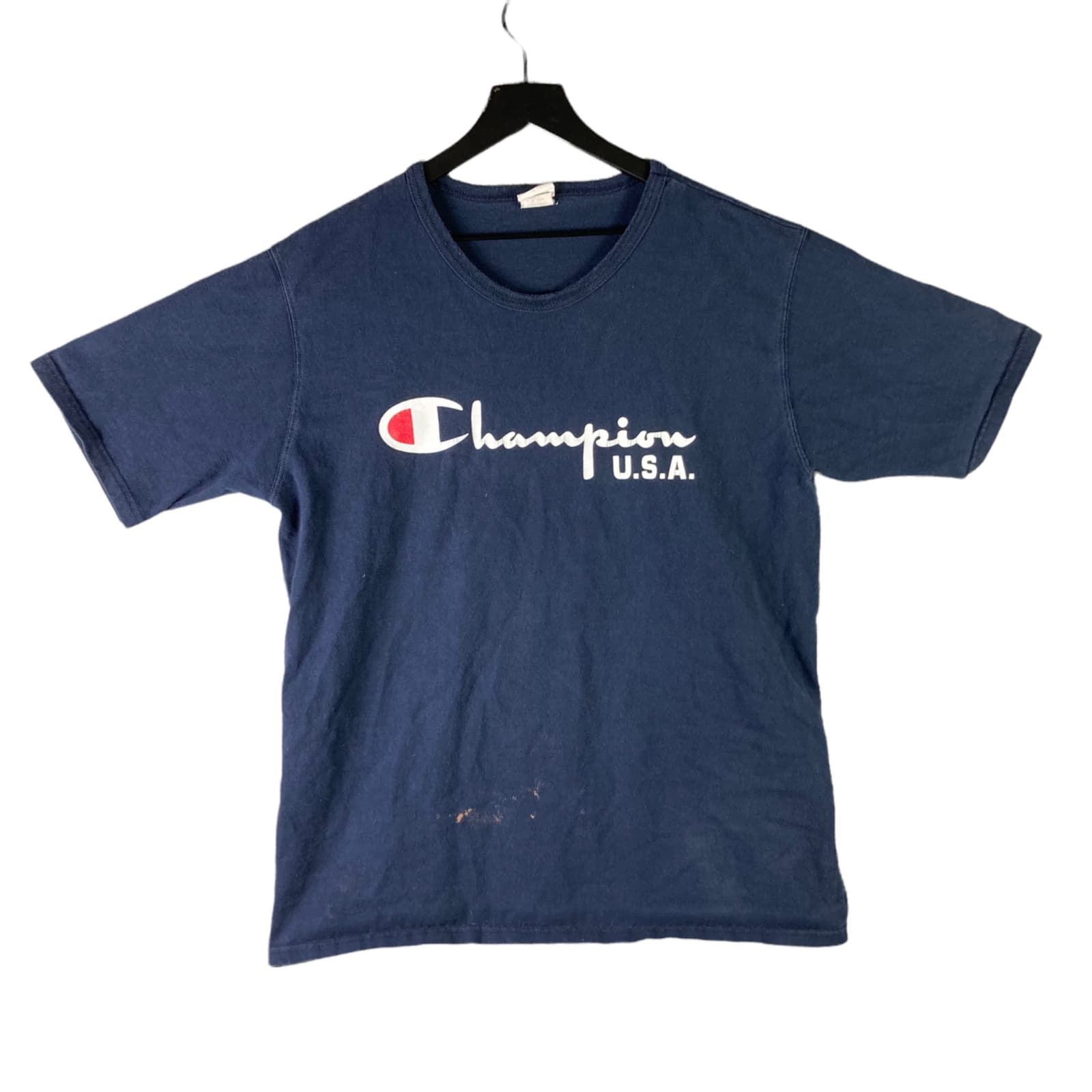 Vintage Champion Reverse Weave T-Shirt Mens XL Blue Logo Short Sleeve Tee Damage
