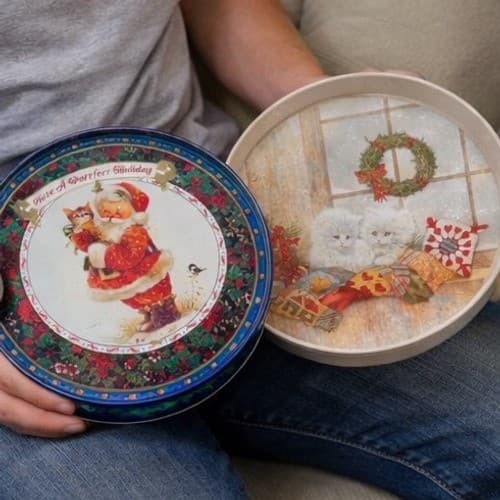Vintage Christmas Tin Tray Set 2 Santa Kittens Purrfect Holiday Retro Decor 90s