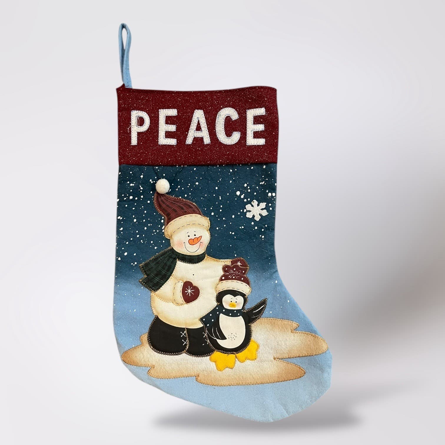 Christmas Stocking Peace Snowman Penguin Glitter Felt Applique Holiday Decor
