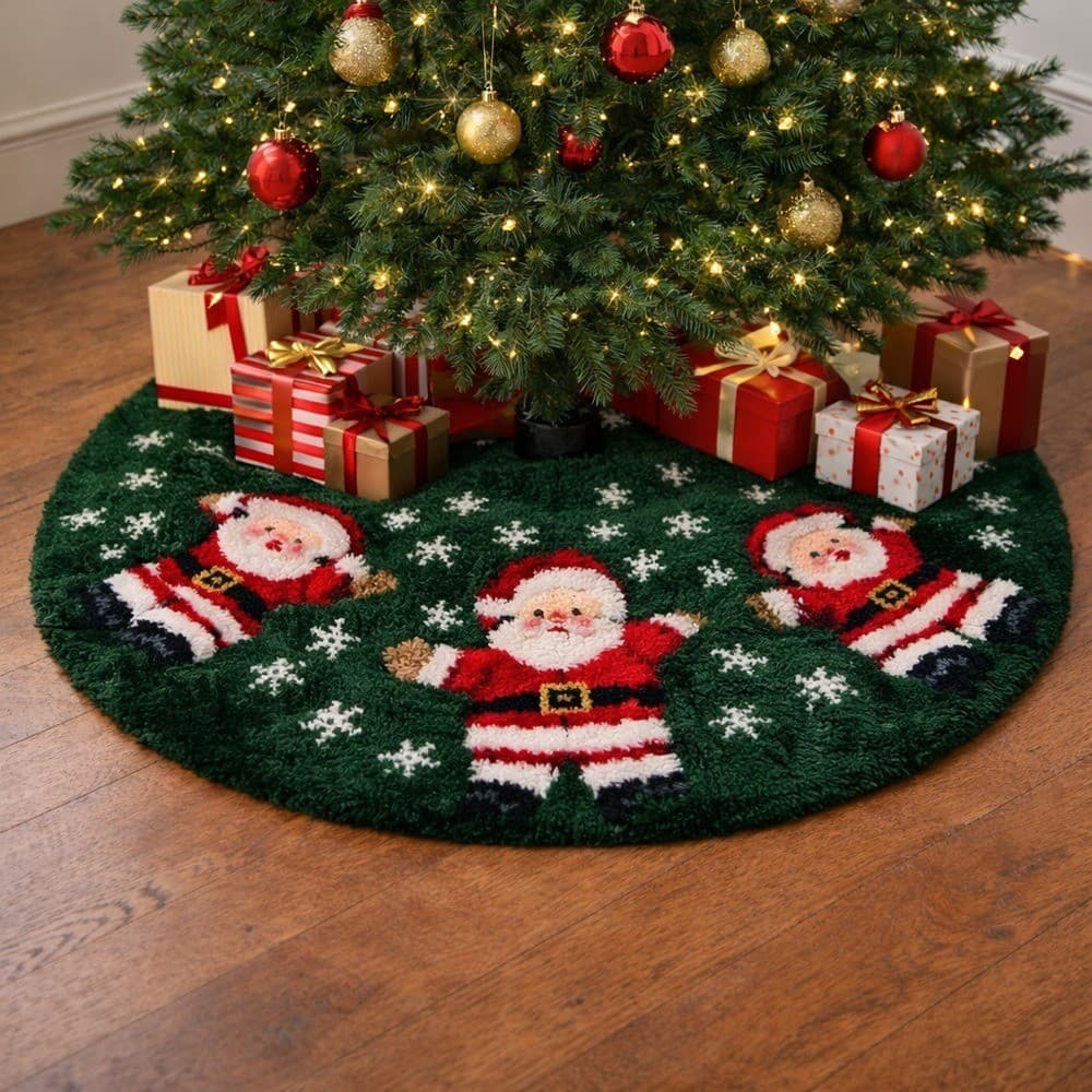 Vintage Latch Hook Christmas Tree Skirt Santa Claus Snowflake Handmade Decor