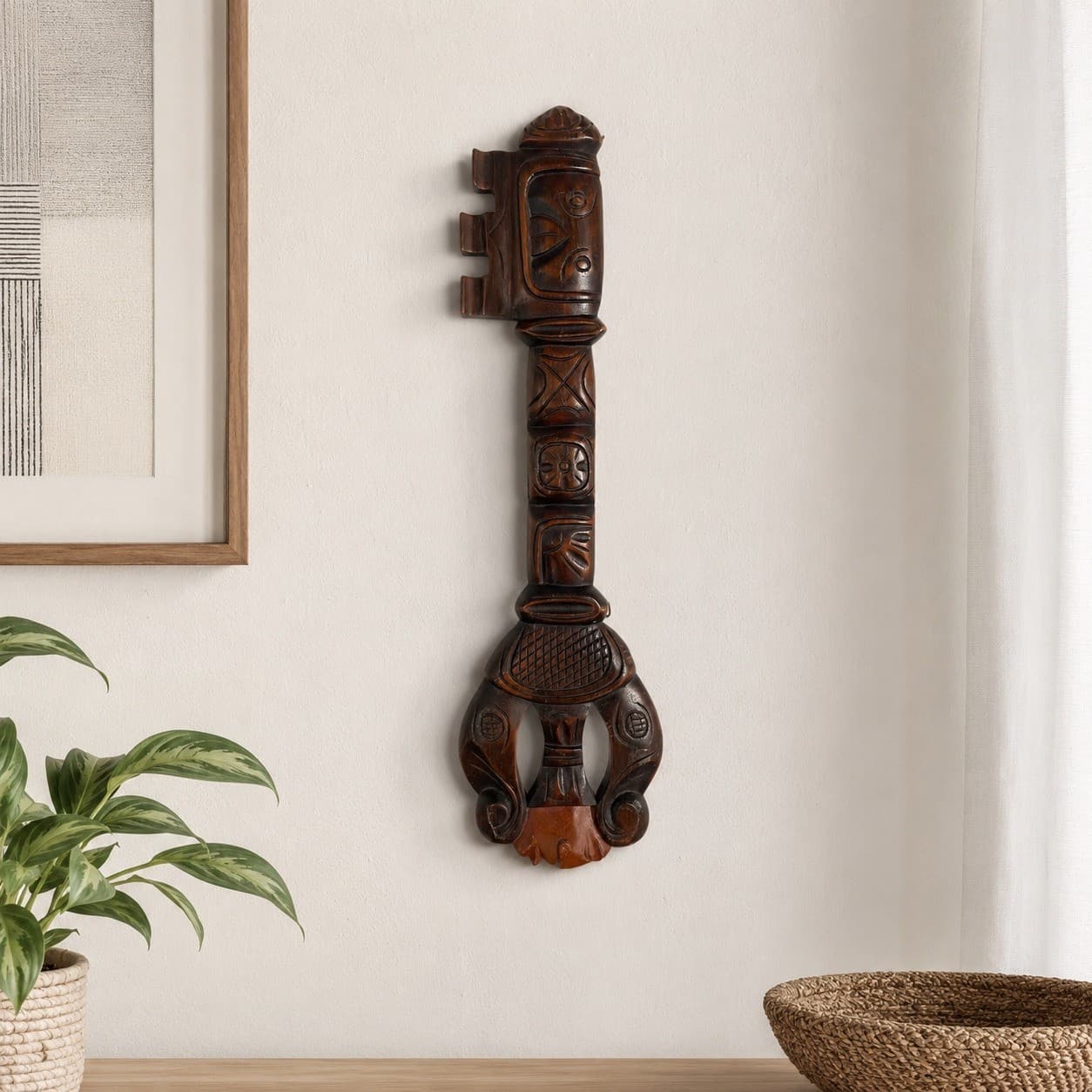 Vintage Carved Wood Skeleton Key Wall Decor Folk Art Boho Hanging Plaque 20 Inch