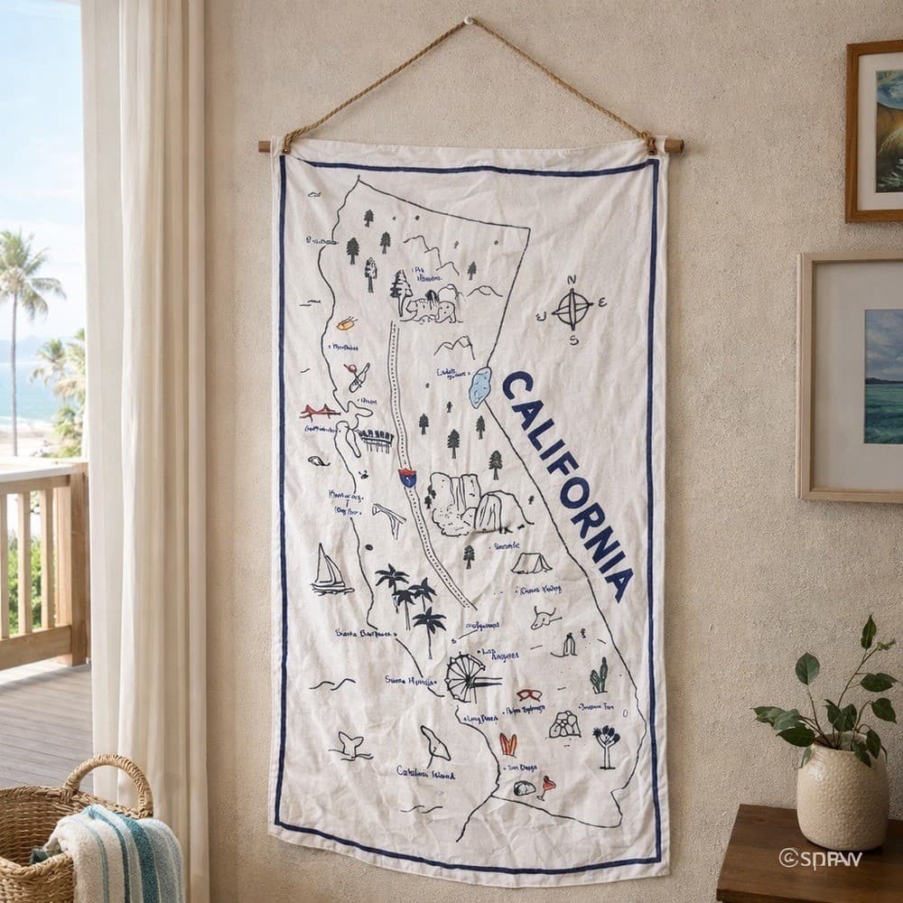 Old Navy California Map Wall Art Hanging Lightweight Decor Blue White State