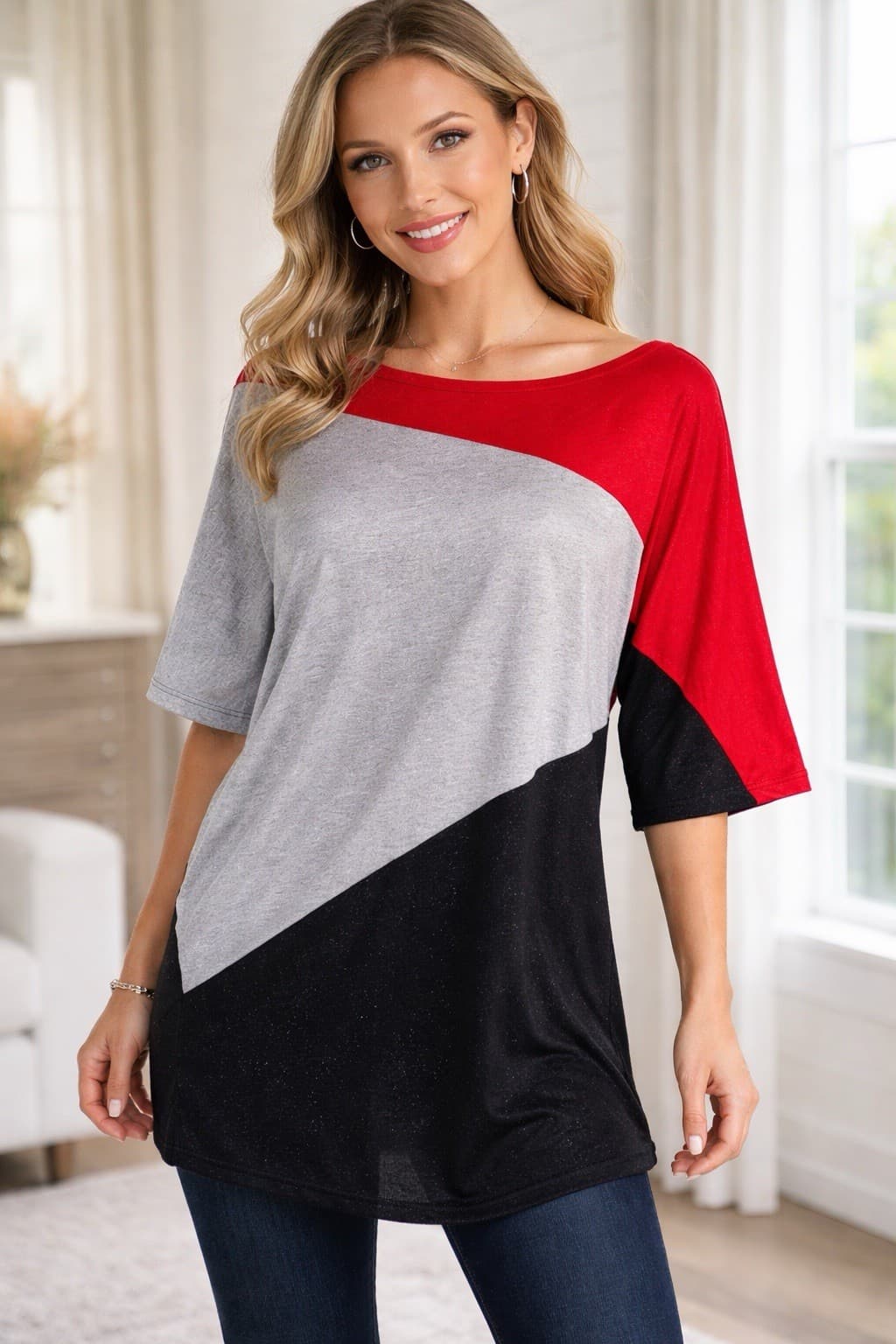 Bongo Shirt Womens XL Colorblock Tunic Top Glitter Sparkle 3/4 Dolman Sleeve