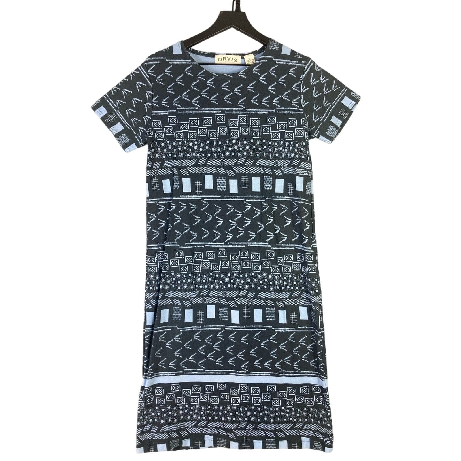 Orvis Women's XS Black Geometric T-Shirt Dress Vintage CasualShort Sleeve