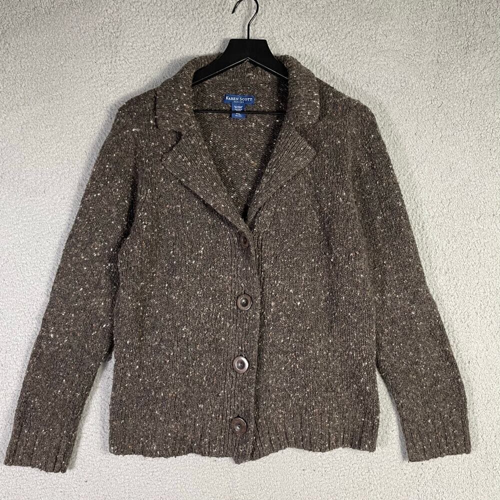 Karen Scott Wool Blend Tweed Knit Blazer Cardigan Brown Petite Large Button