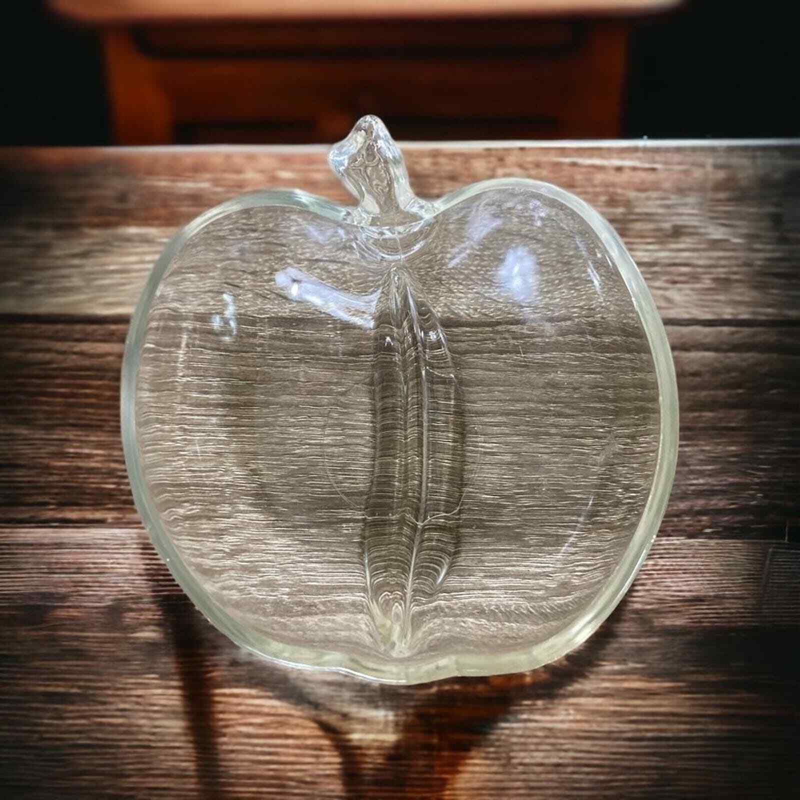 Vintage Apple Glass Dish Candy Trinket Divided Center Clear Heavy Shape Unique
