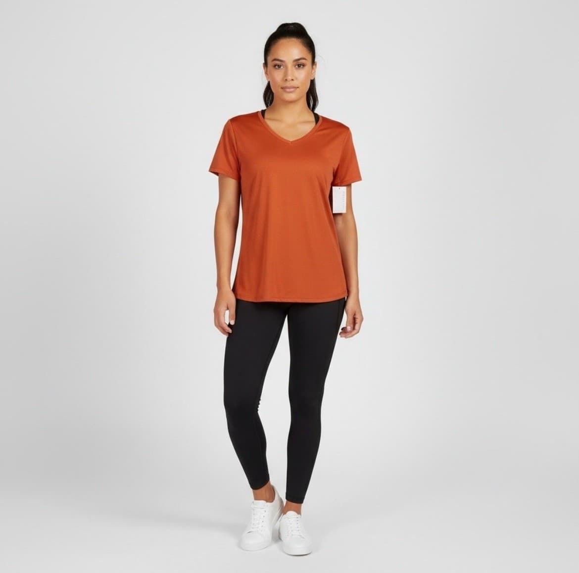 Real Essentials Womens Medium Orange V Neck Athletic Workout Gym Active Tee