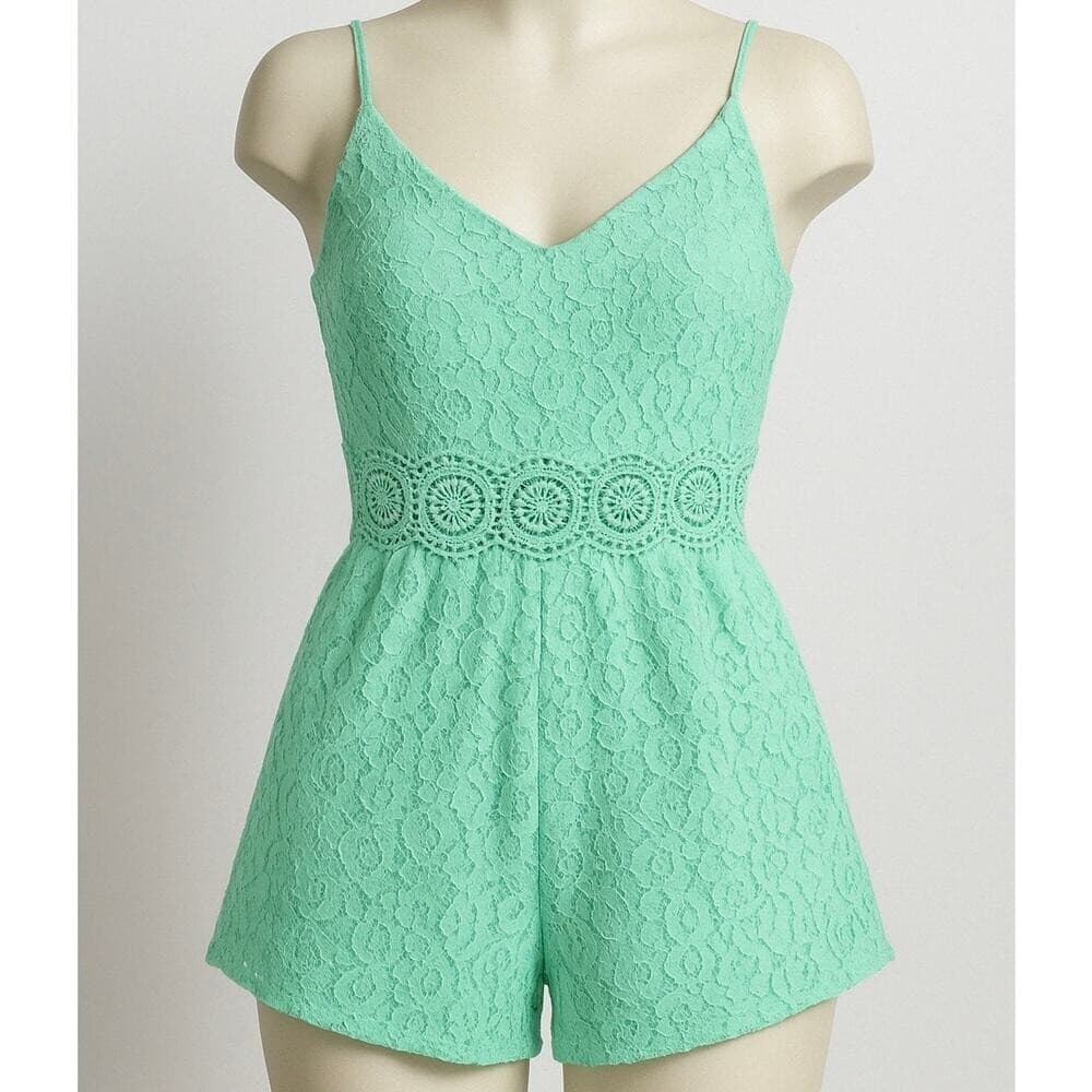 Womens Small Mint Green Lace Romper Spaghetti Strap Fit Flare Summer Outfit
