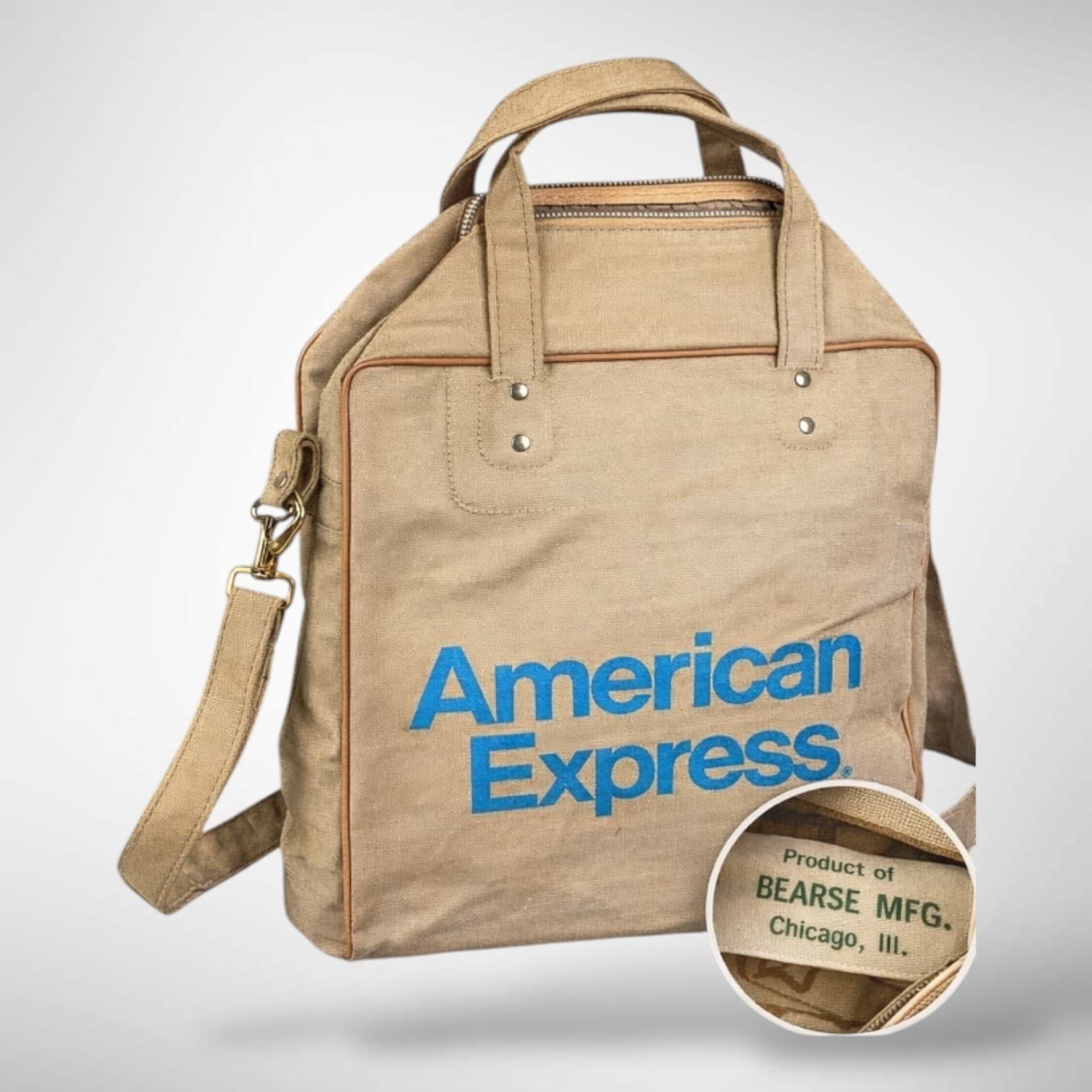 American Express Vintage Canvas Duffle Bag Beige Blue Logo Travel Weekender