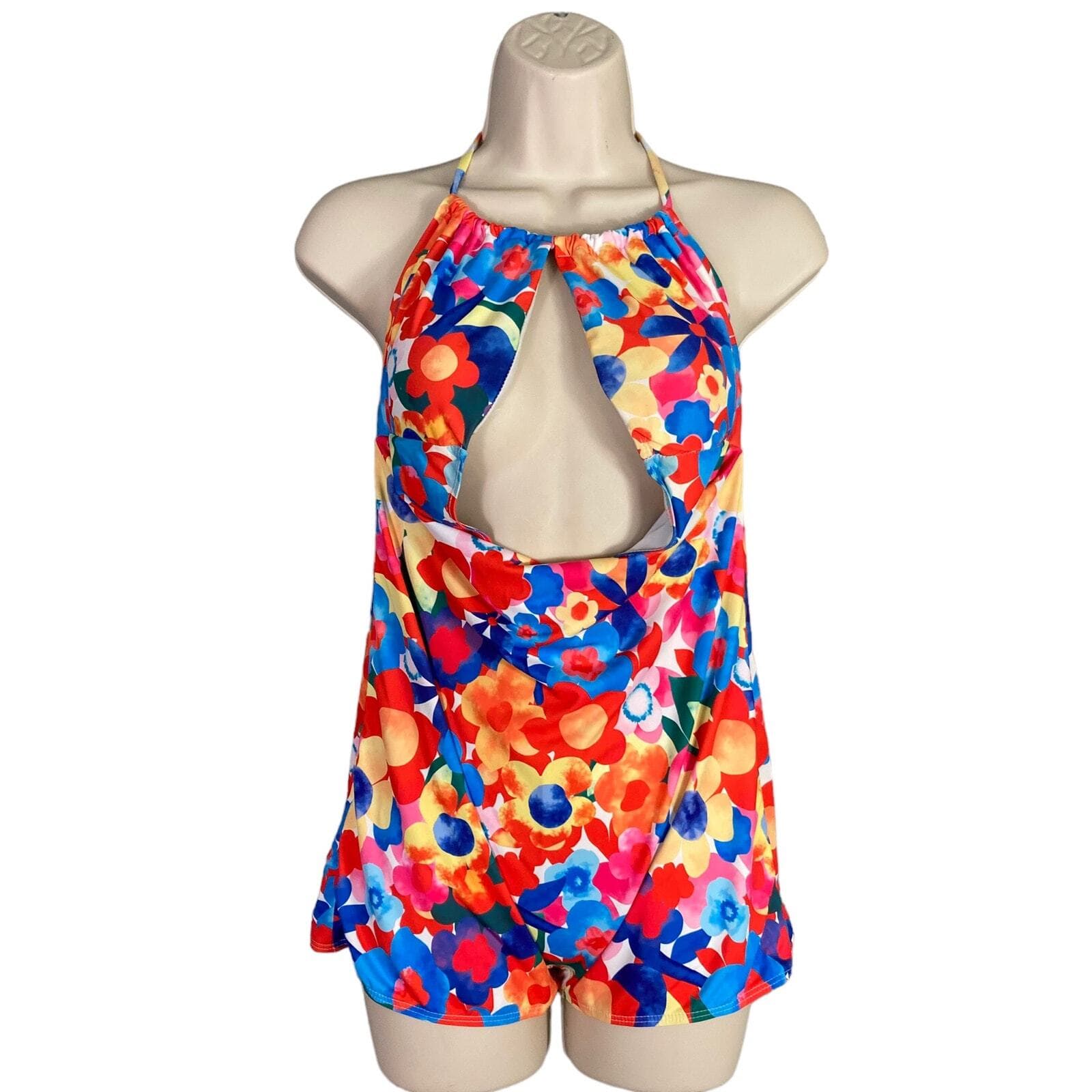 Womens Large Floral One Piece Swimsuit Cutout Halter Monokini Bathing Suit