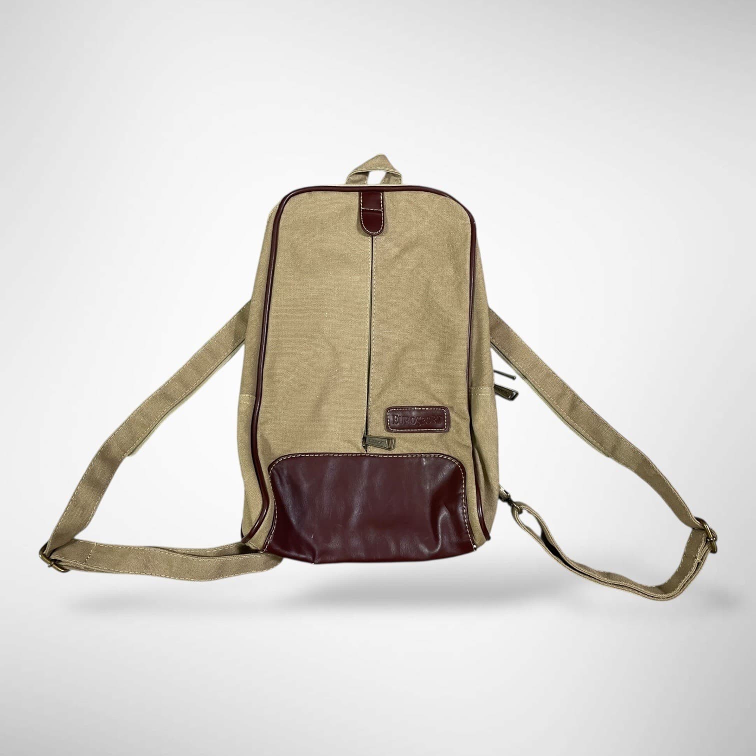 Eurosport Tan Canvas Sling Backpack Brown Faux Leather Zip Travel Bag Vintage
