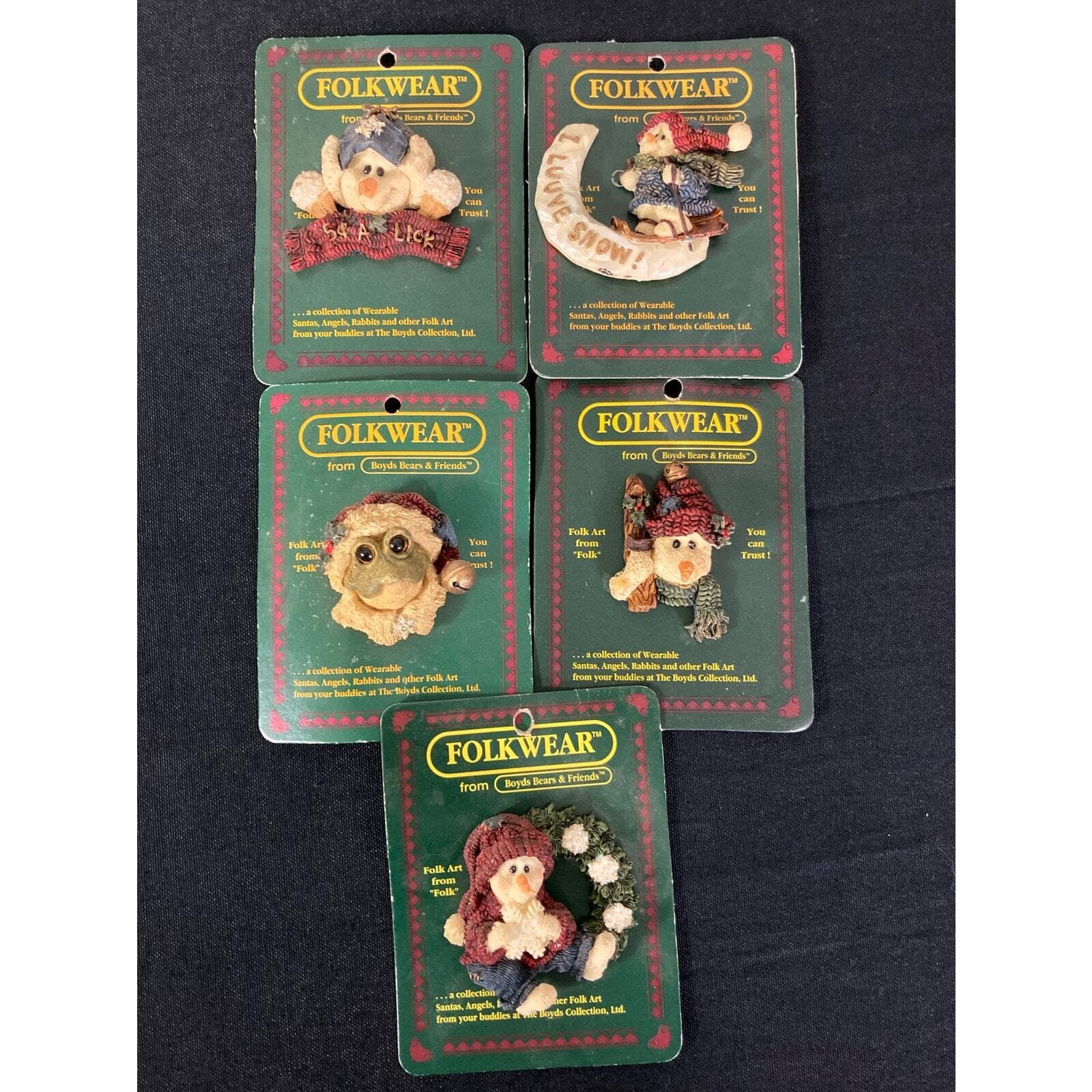 Boyds Bears Pin Lot 5 Vintage 90s Folk Art Brooch Pins Collectible New Old Stock