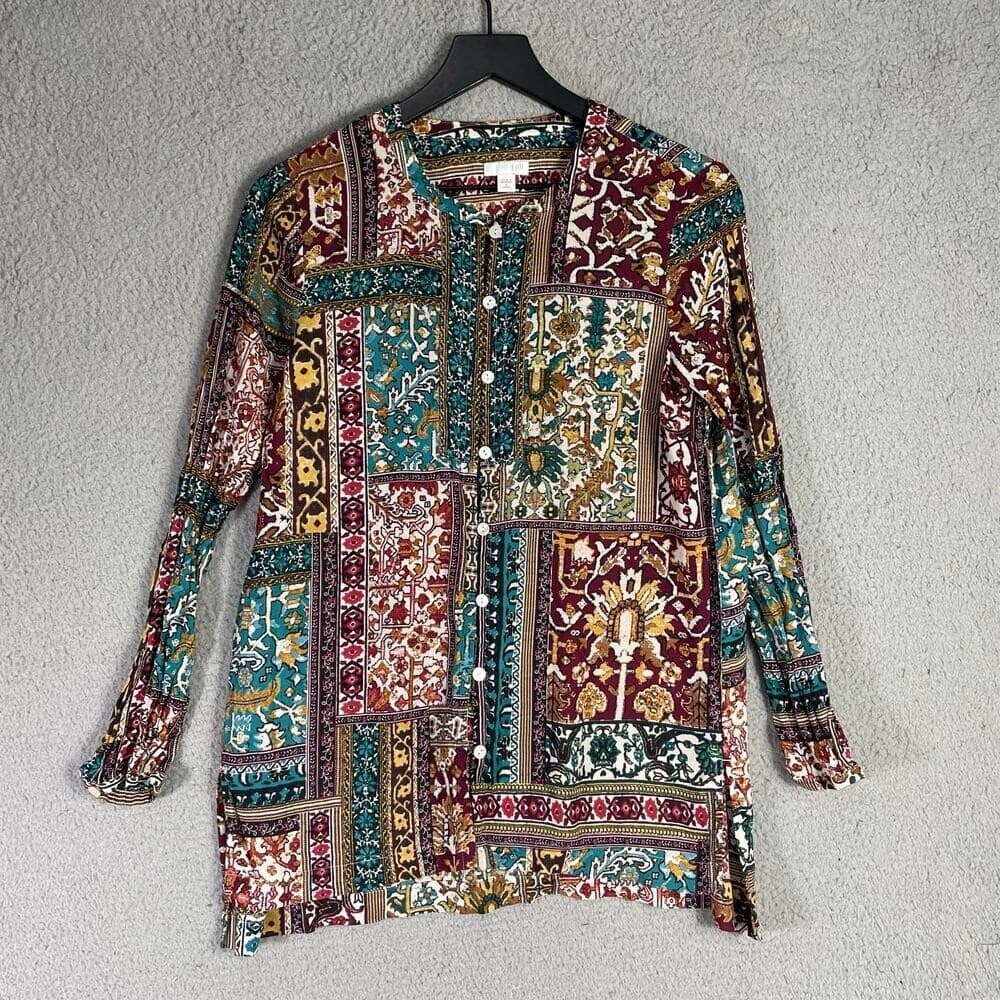 Patchwork Boho Rayon Tunic Blouse Petite Small Long Sleeve Pullover Top J.Jill