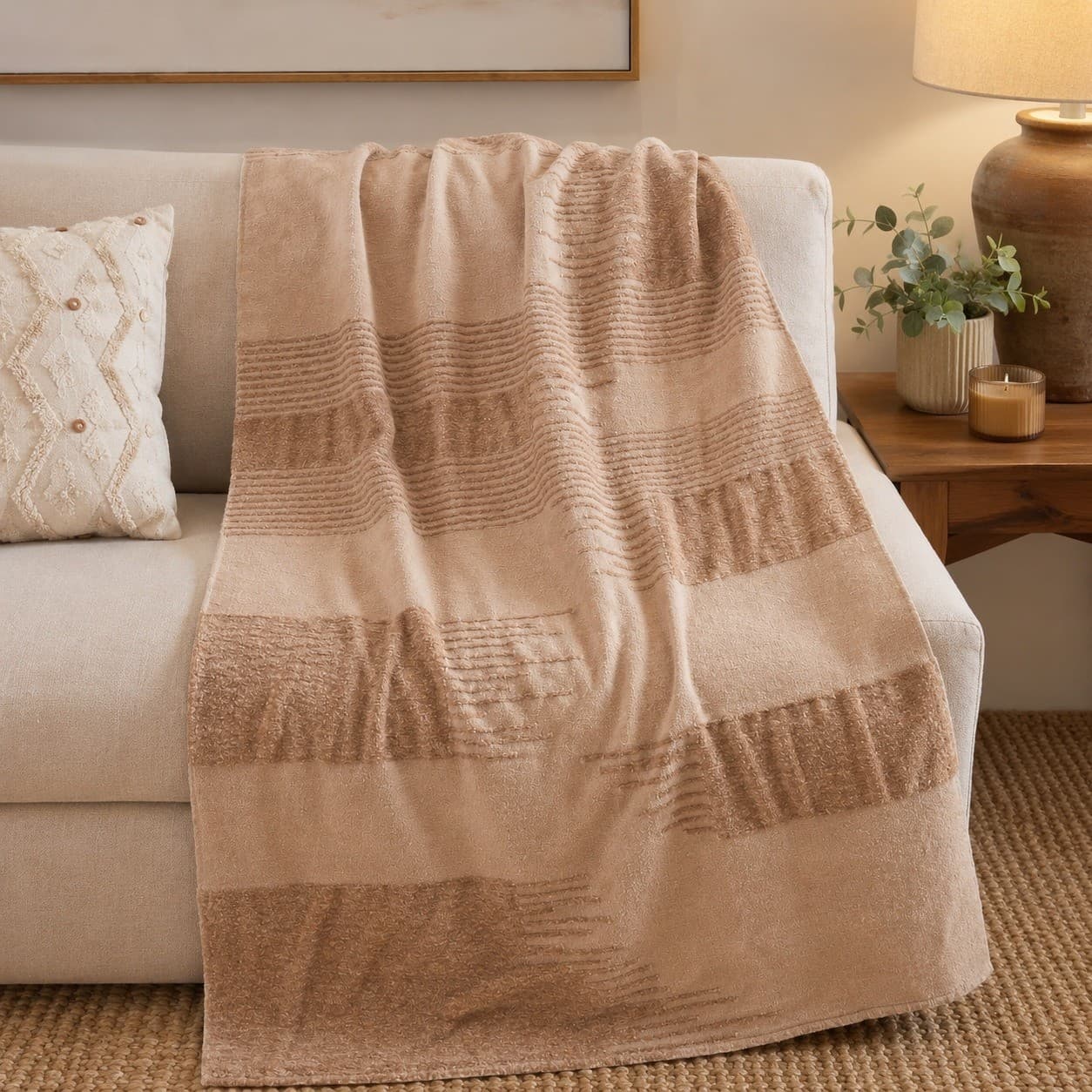 Anthropologie Throw Blanket Blush Pink Terracotta Geometric Textured Modern Home