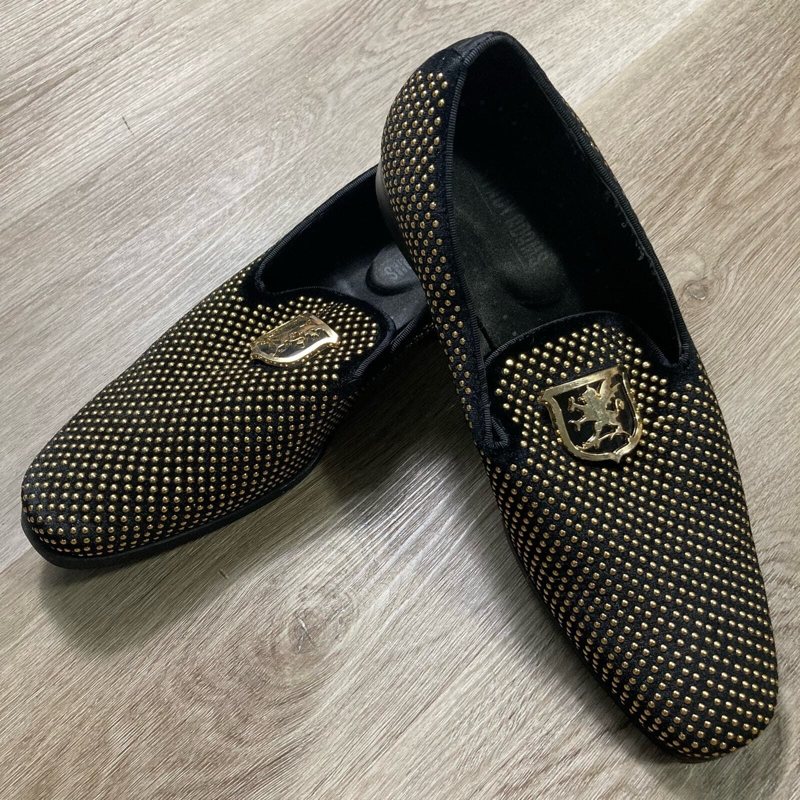 Stacy Adams Mens Swagger Studded Slip On Loafers Black Gold Dress Shoes Size 8.5