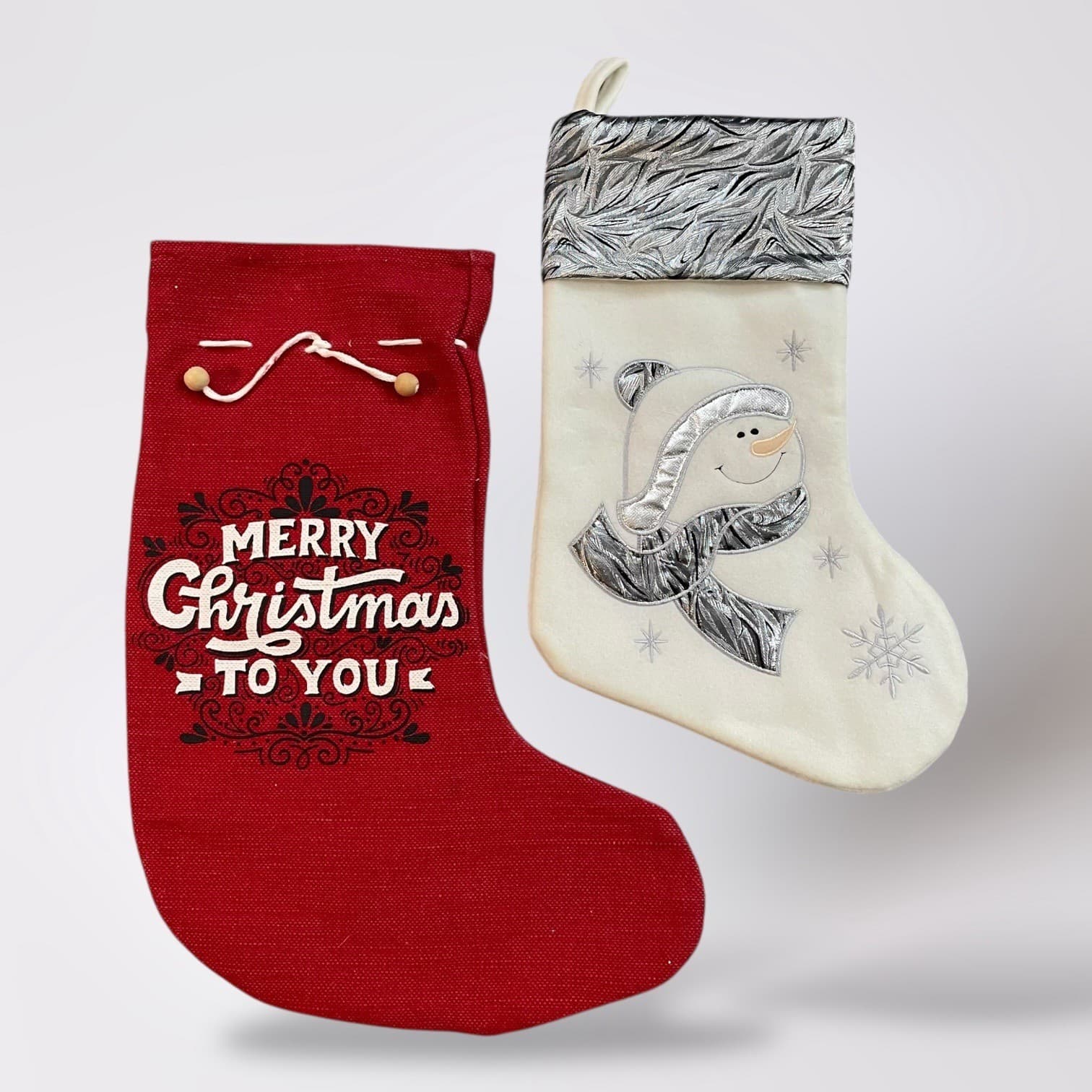 Set of 2 Christmas Stockings Red Merry Holiday Snowman Decor Hanging Fireplace