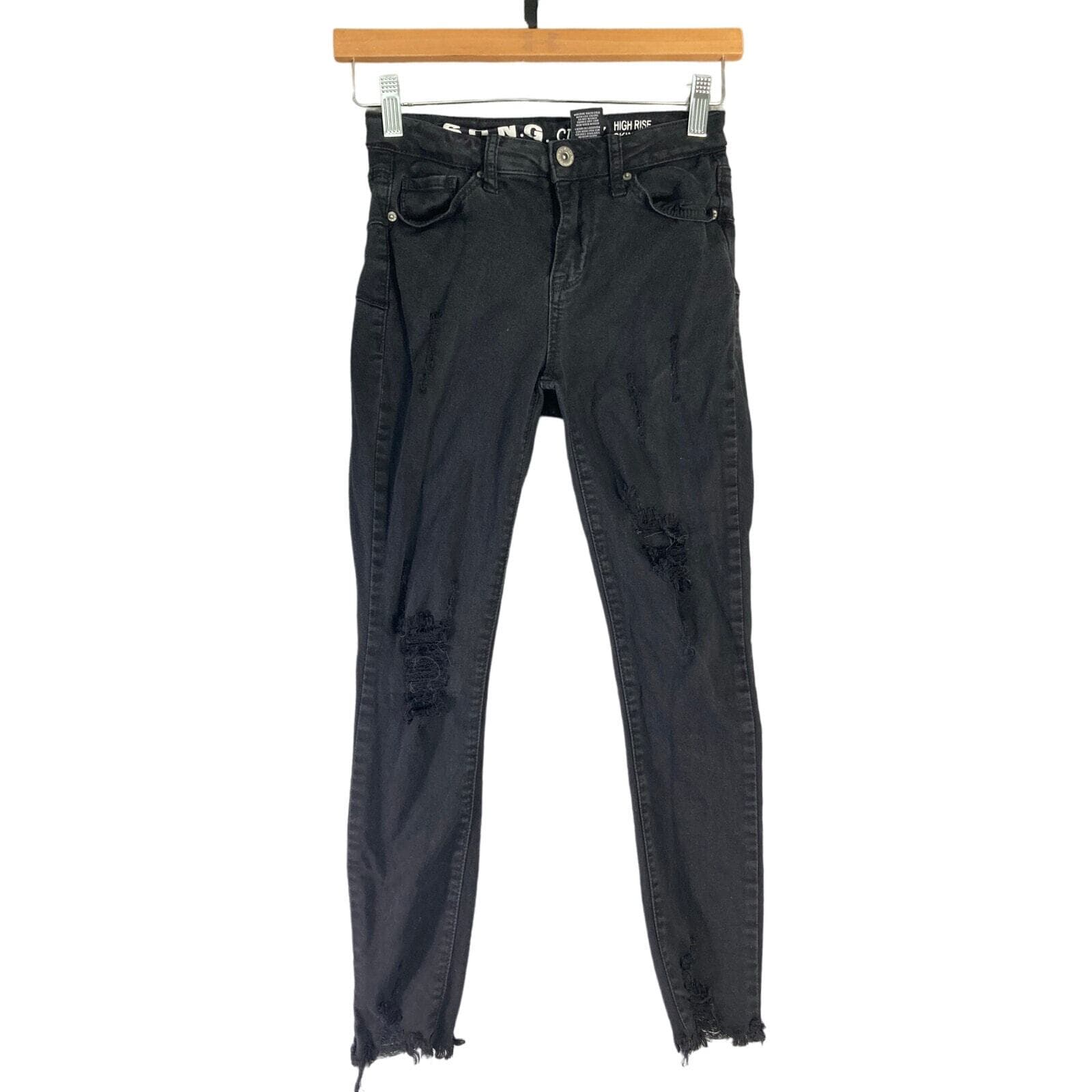 Women's High Rise Skinny Jeans Black Distressed Ankle Curvy Fit Size 1 Stretch