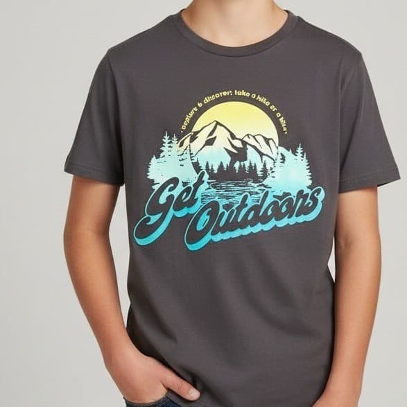 Boys Gray Graphic Print T-Shirt Youth Large 14 Adventure Outdoor Casual Tee