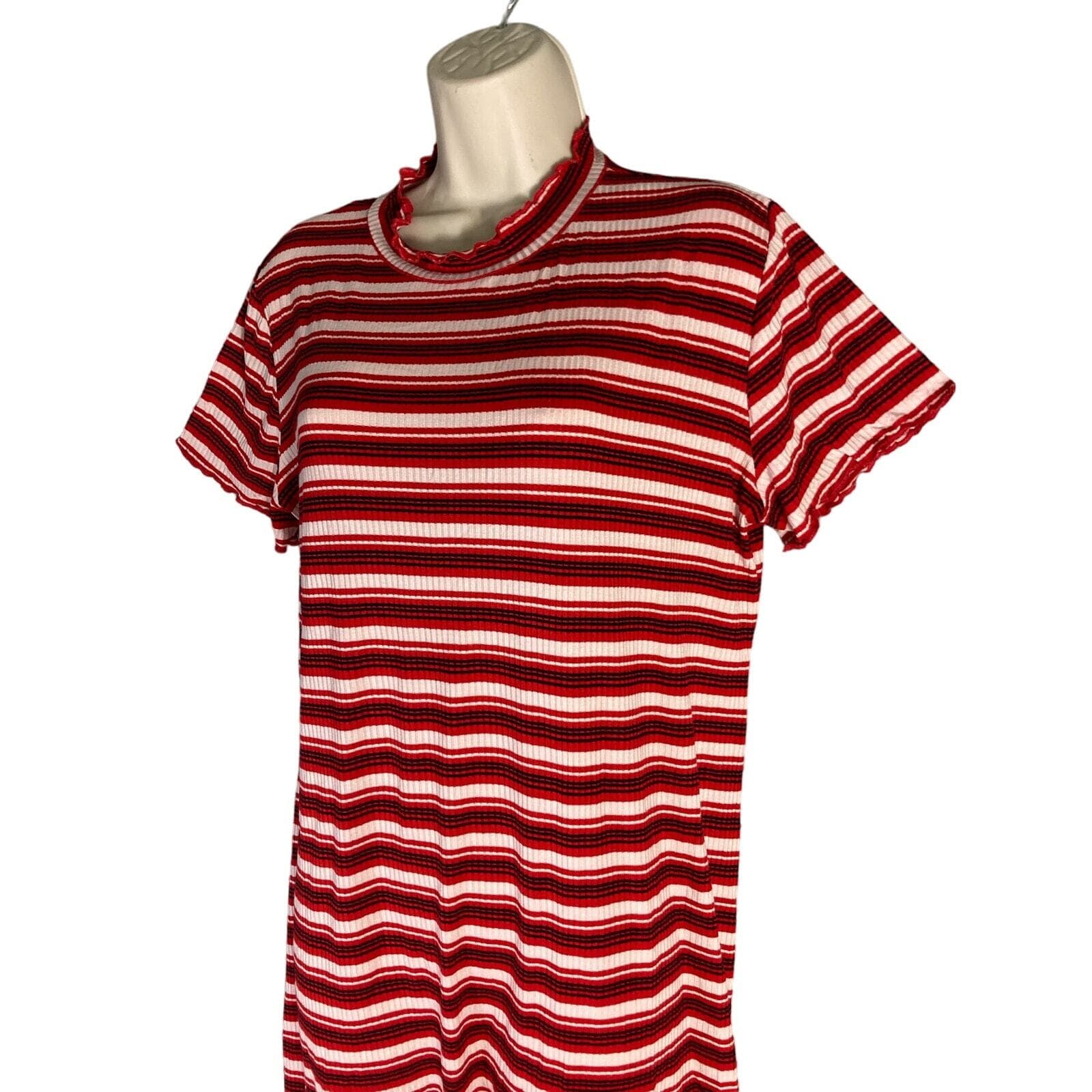 Women's Striped Ribbed Mock Neck Shirt Dress Red White Stretch Large Bodycon