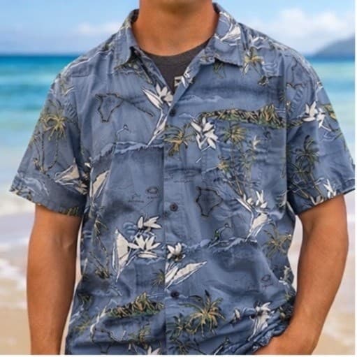Hawaiian Aloha Shirt Mens Large Blue Tropical Palm Island Button Up Casual