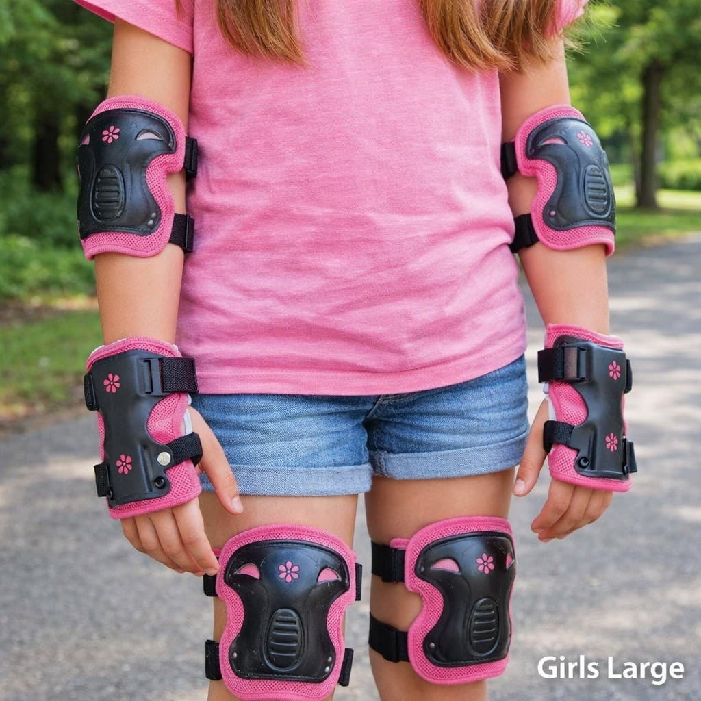Kids Skate Pad Set Pink Large Knee Elbow Wrist Guards Protective Gear Girls