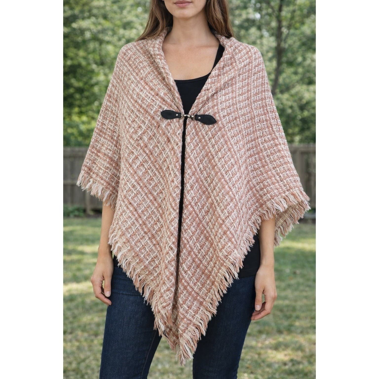Vince Camuto Tweed Poncho Cape Fringe Toggle Ruana Shawl Wrap Pink One Size