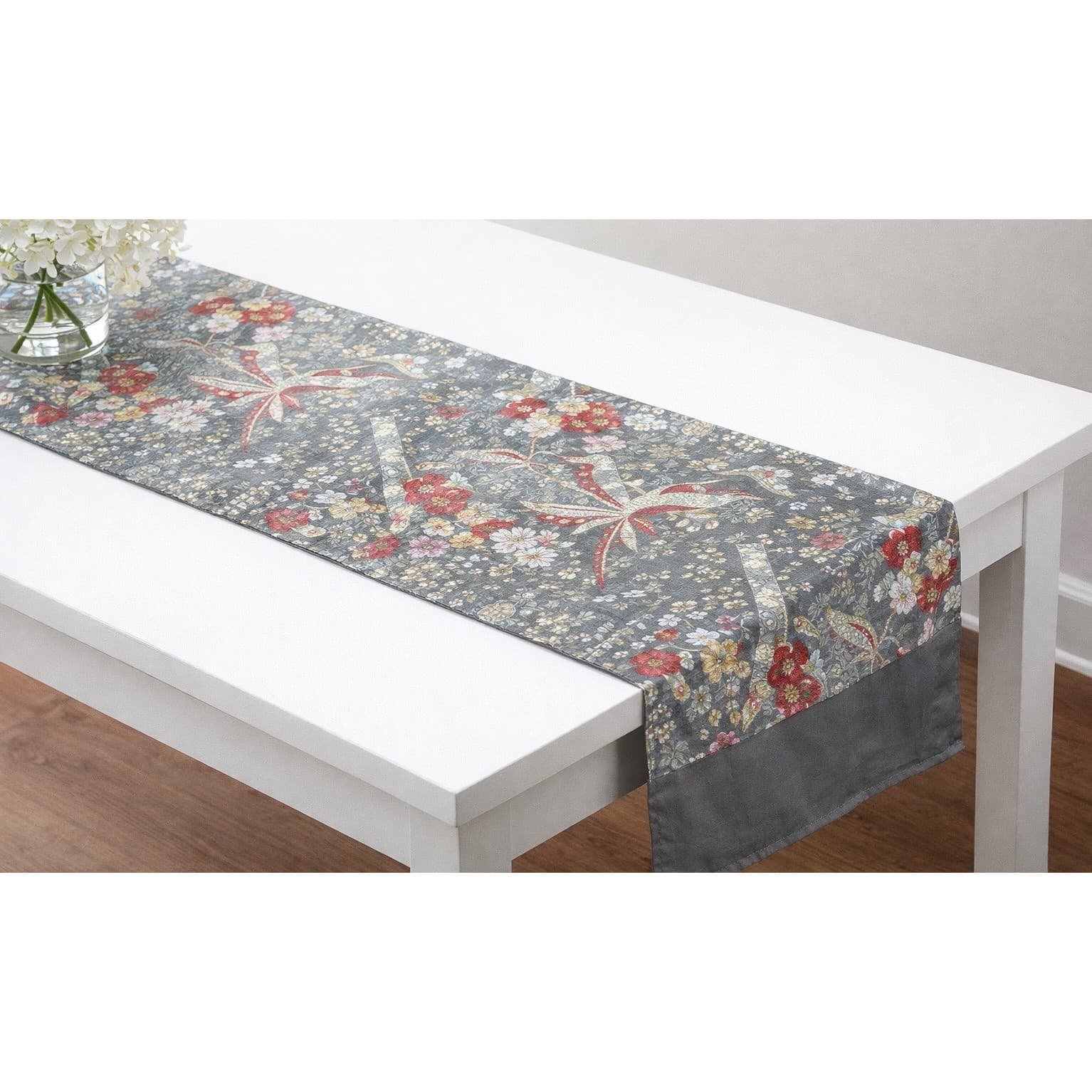 Japanese Crane Table Runner 58” Gray Floral Asian Bird Dining Decor Oriental