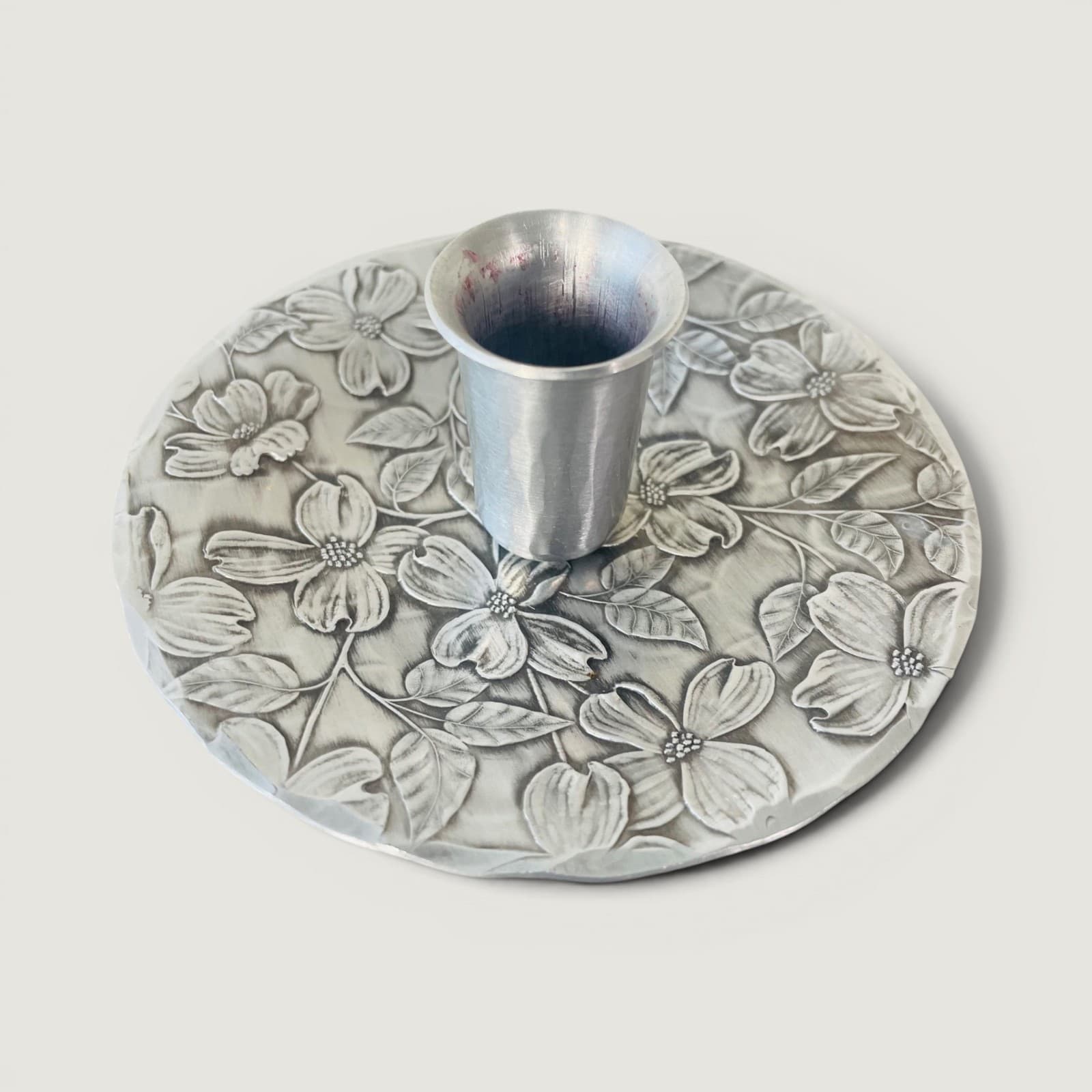 Wendell August Forge Handmade Aluminum Rose Floral Candle Holder Footed USA