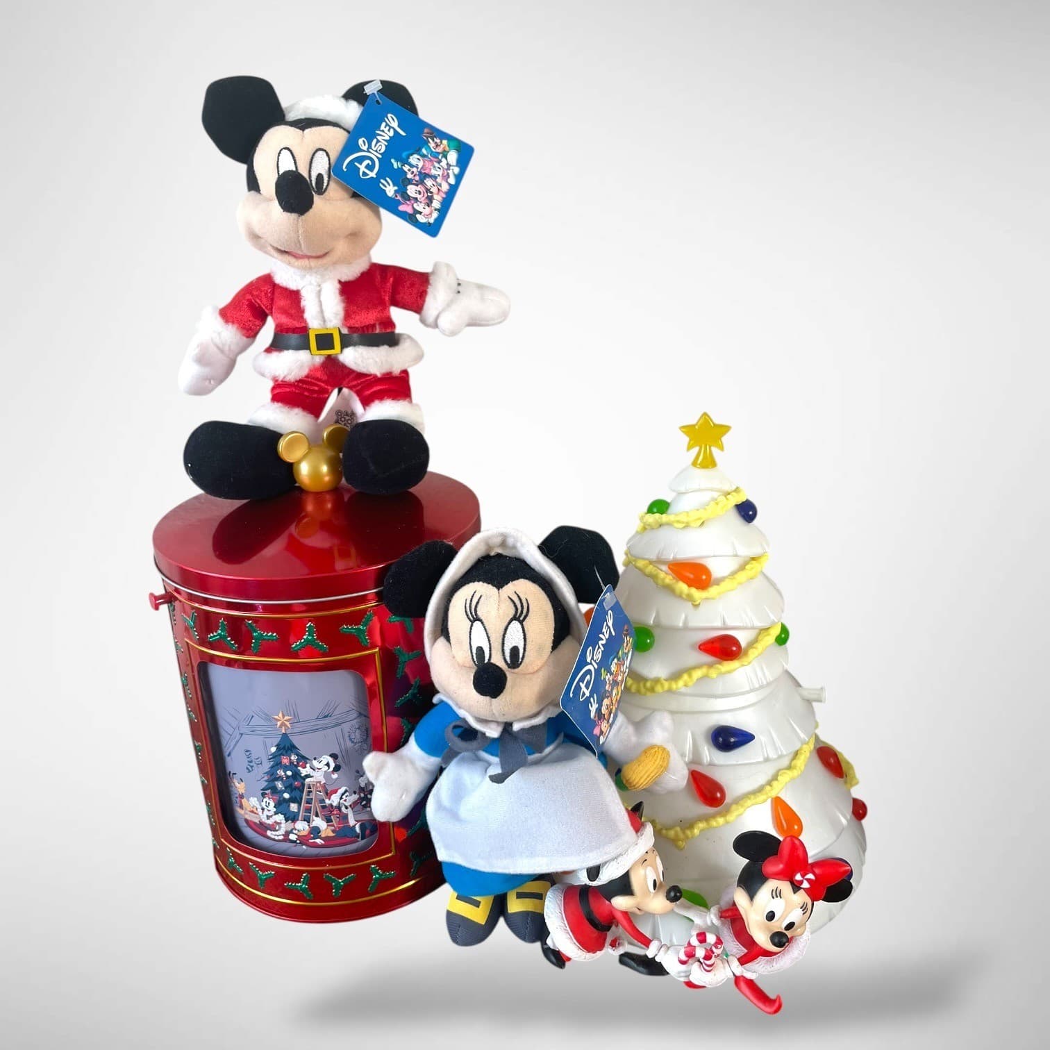 Disney Parks Christmas Popcorn Bucket Light Up Mickey Minnie Plush Set Holiday