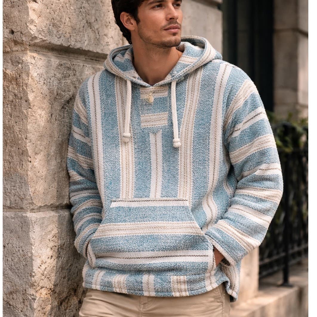 Baja Hoodie Mens Large Blue White Striped Surf Mexican Pullover Sweatshirt