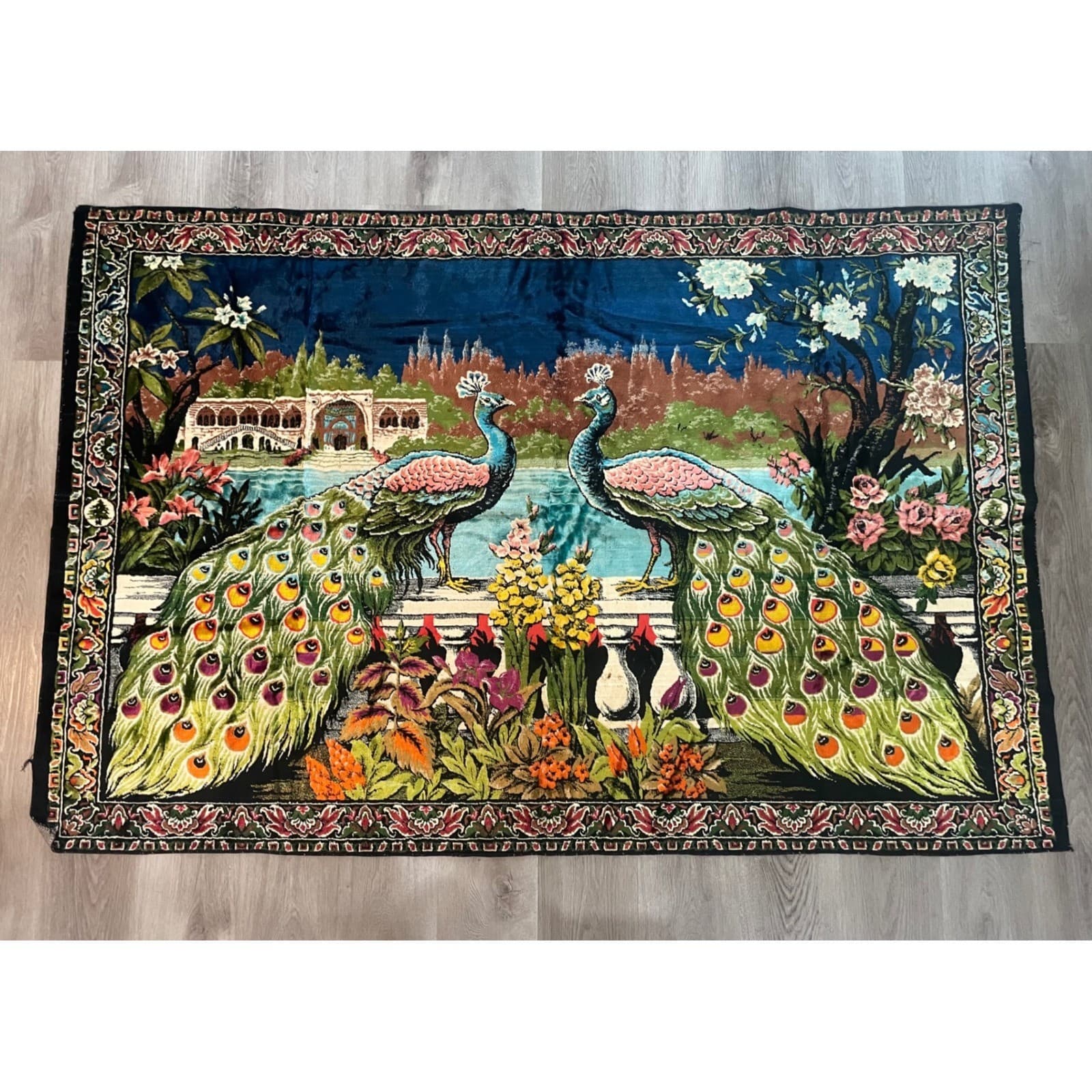 Vintage Turkish Velvet Peacock Tapestry Rug 1970s Wall Hanging 75x49 Boho Decor
