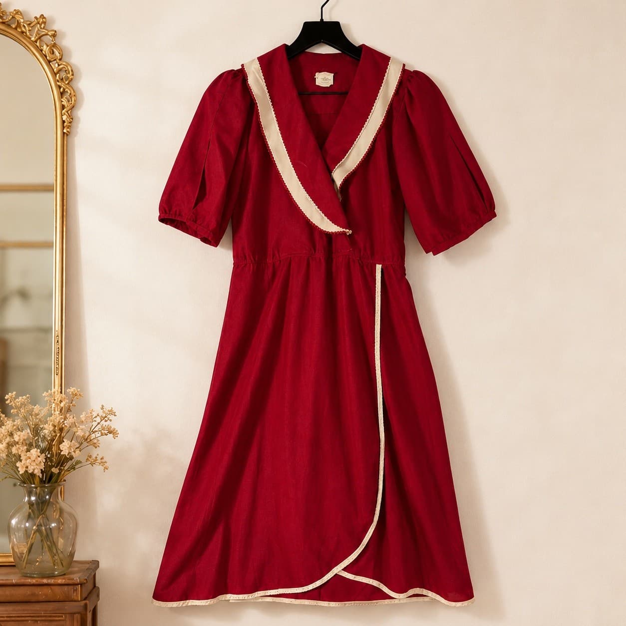 Vintage 70s How Sweet It Is Red Wrap Midi Dress Puff Sleeve Secretary Women's S