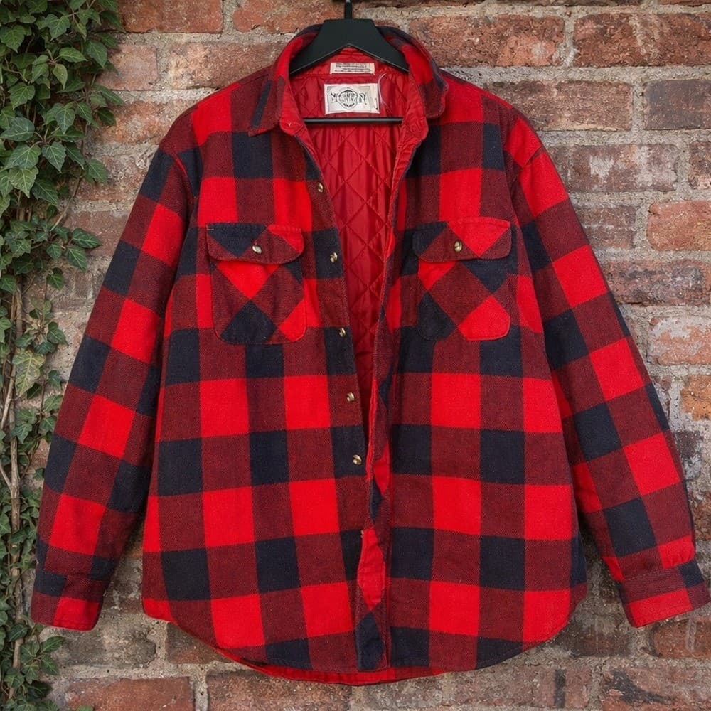 Vintage Buffalo Plaid Quilted Flannel Jacket Mens L Red Black Workwear Coat