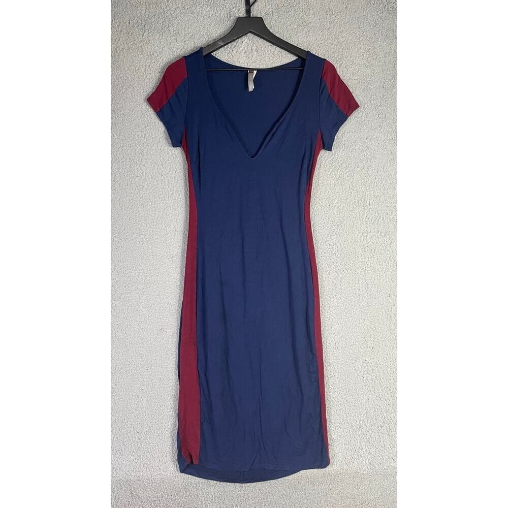 W.SHE Navy Bodycon Dress Large Cutout Back Colorblock V Neck Sexy Stretch Club