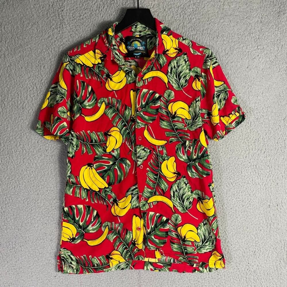 Good Vibes Banana Hawaiian Shirt Men's M Red Tropical Fruit Button Up Aloha